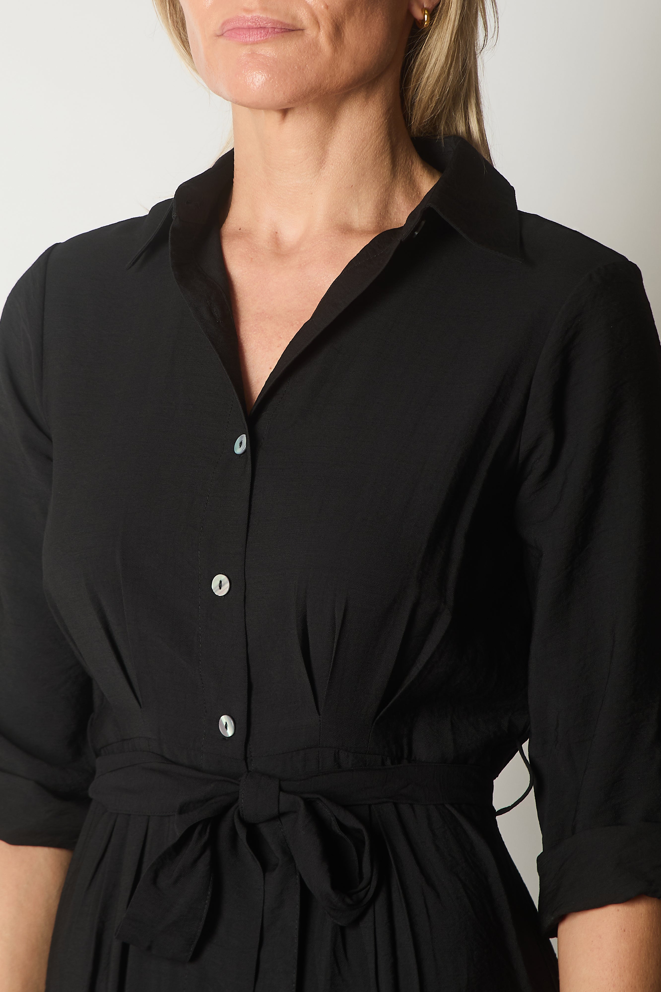Button-Down Shirt Dress with Waist Tie - Black