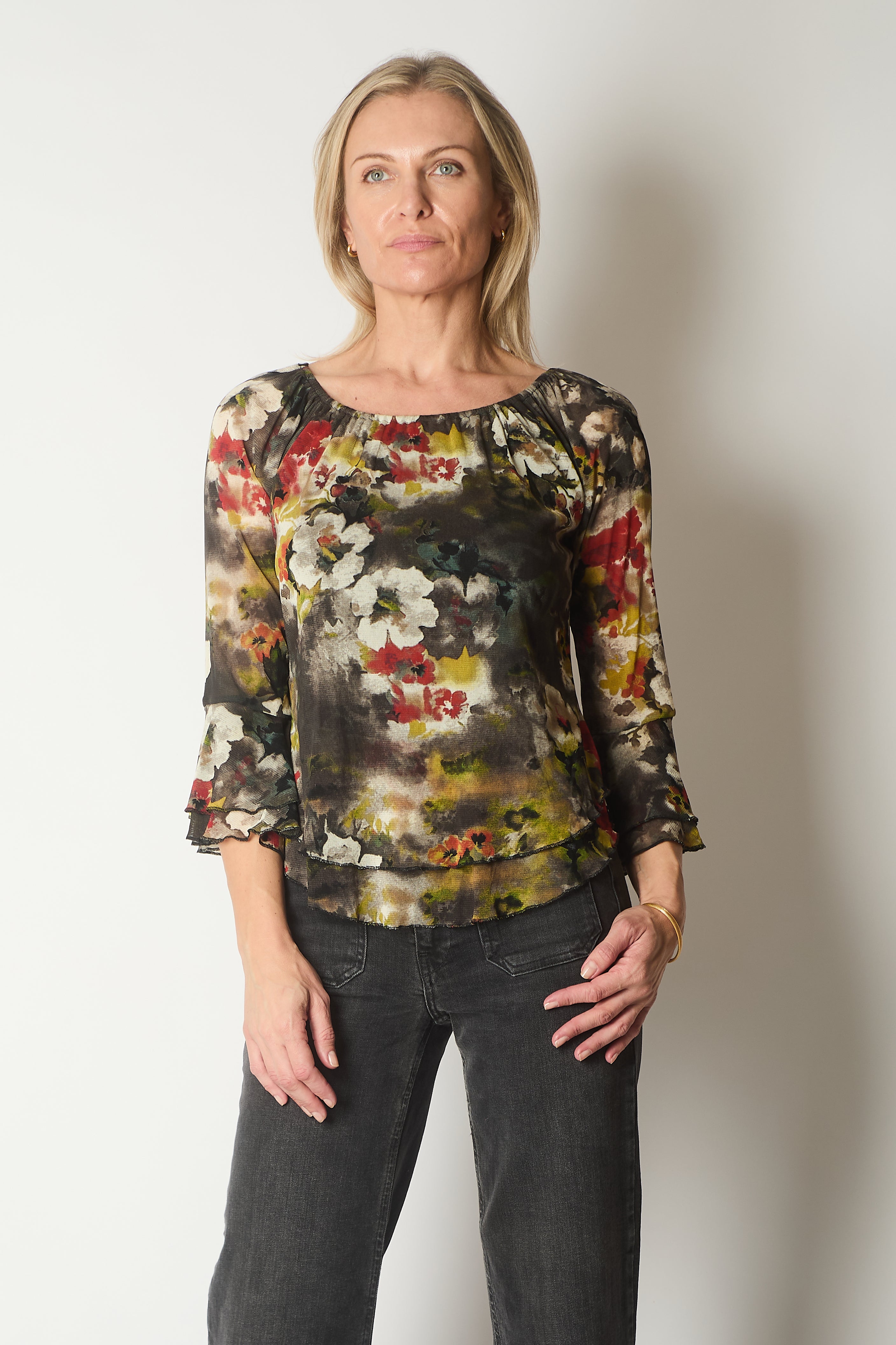 Abstract Floral Print Long Sleeve Top