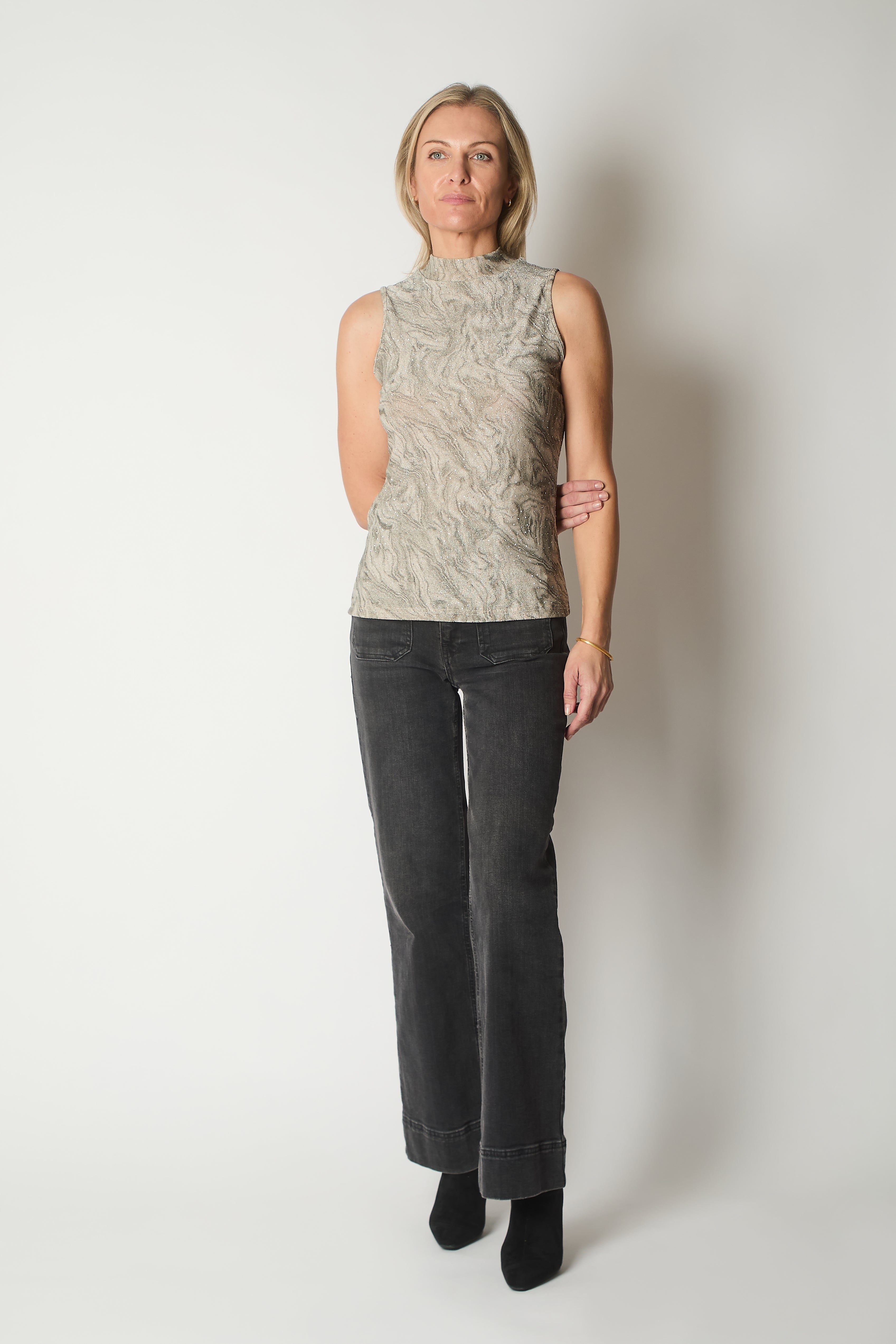 Sleeveless High-Neck Top with Marble Effect and Sparkle Detail - Champagne