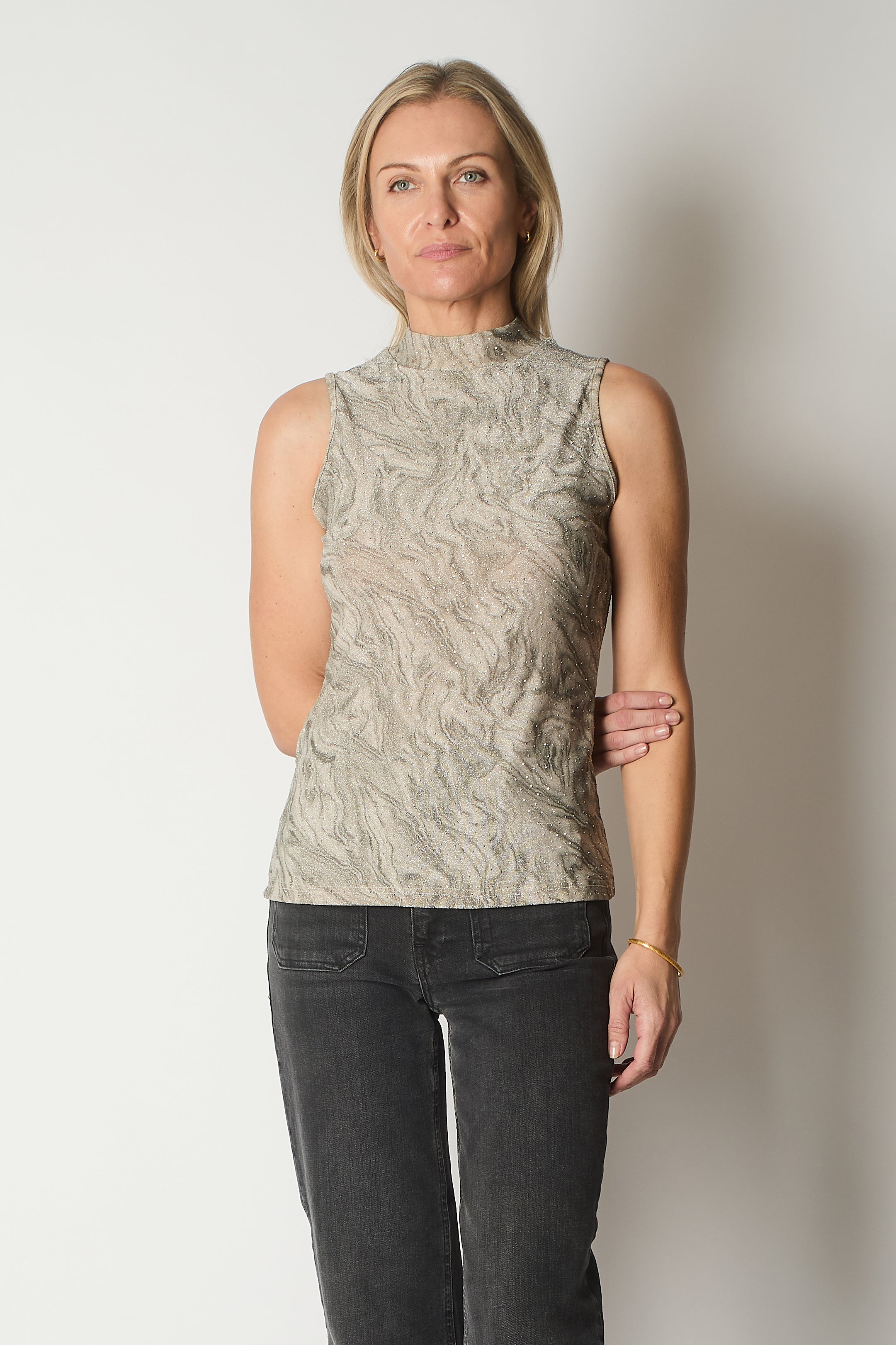 Sleeveless High-Neck Top with Marble Effect and Sparkle Detail - Champagne