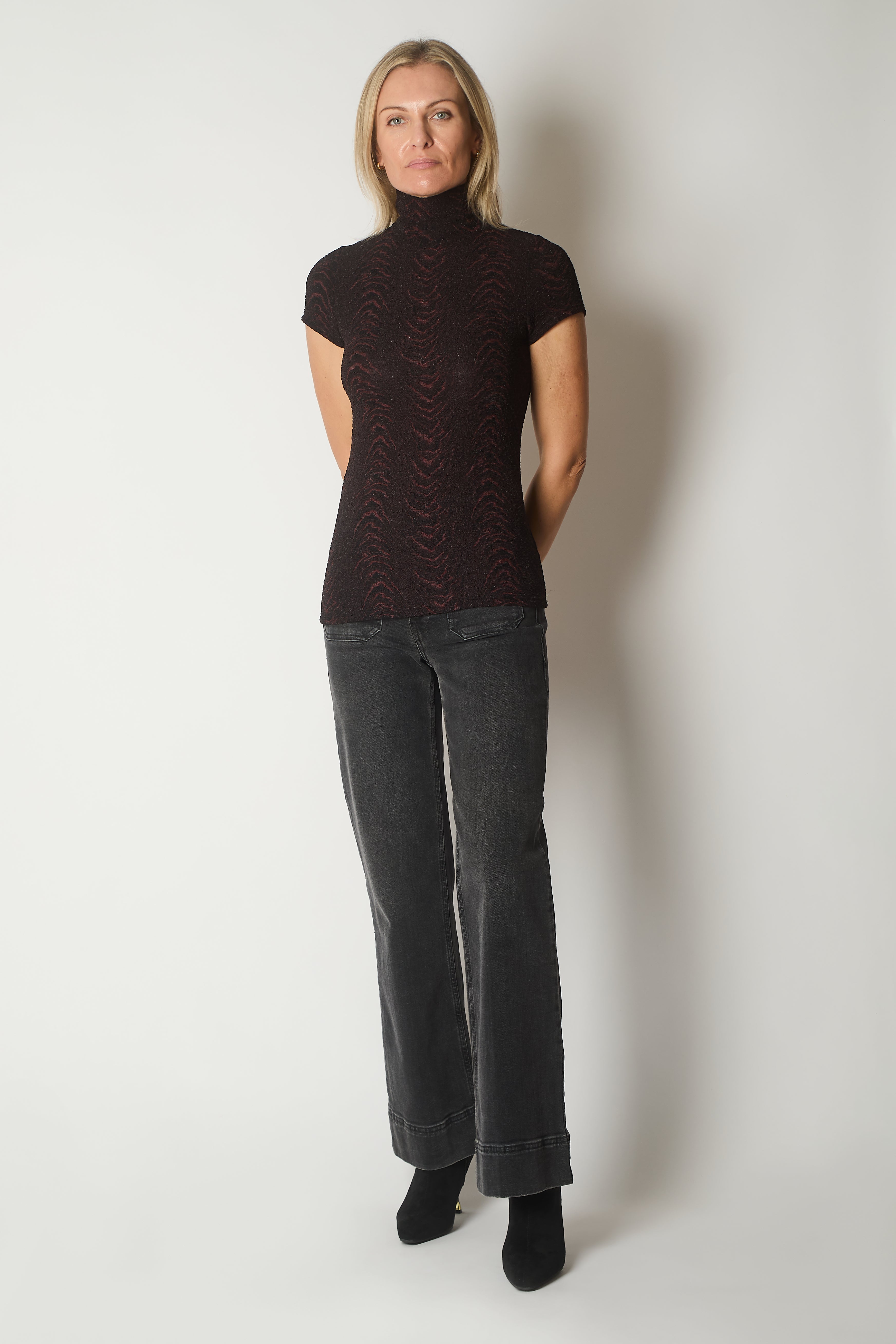 Textured High Neck Short Sleeve Top