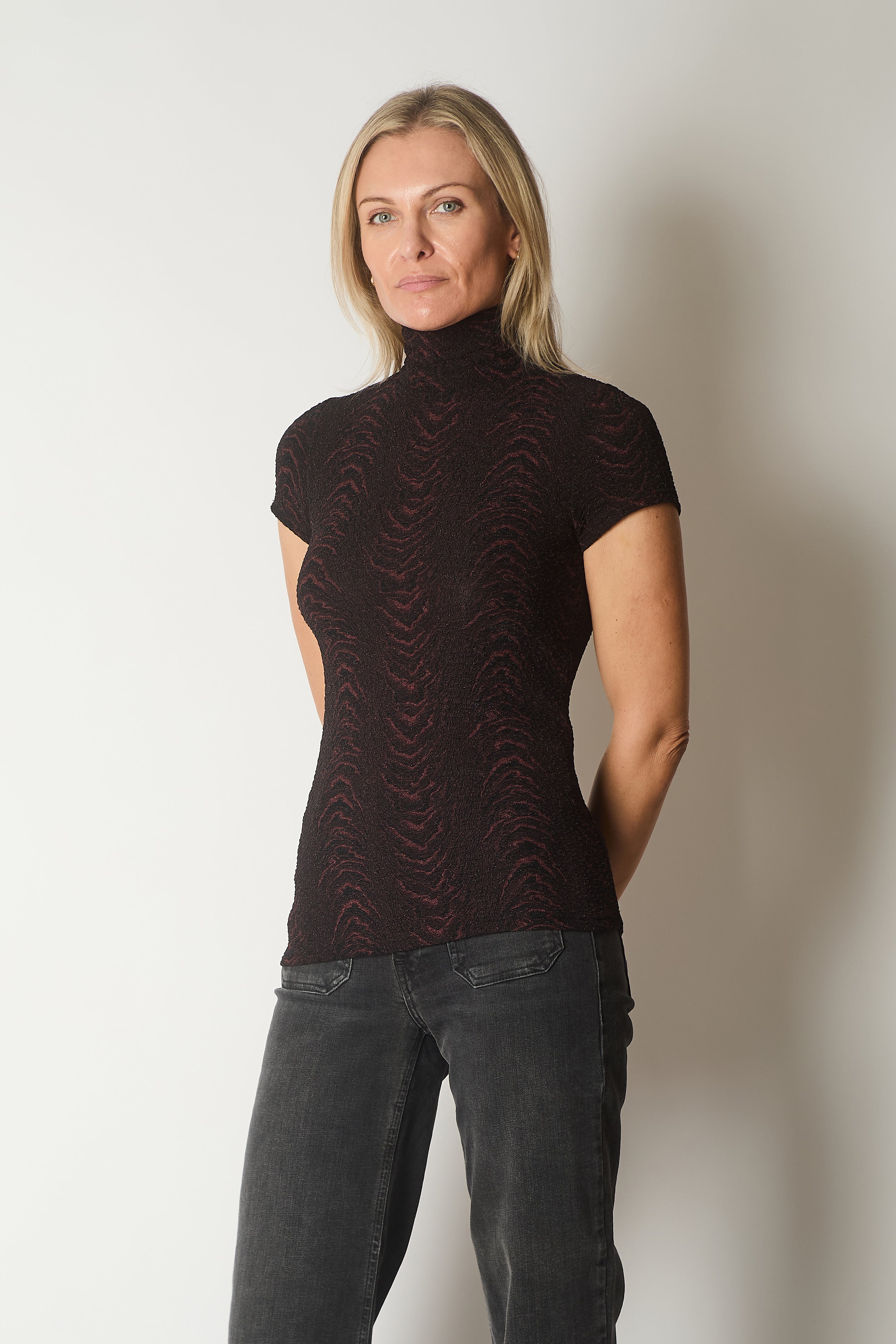 Textured High Neck Short Sleeve Top