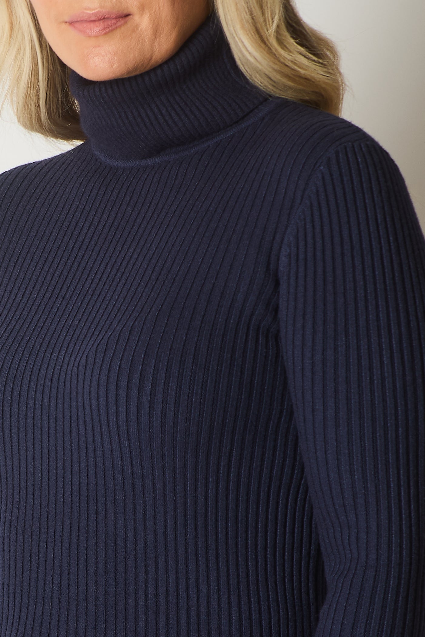 Ribbed Knit Roll Neck Jumper - Navy