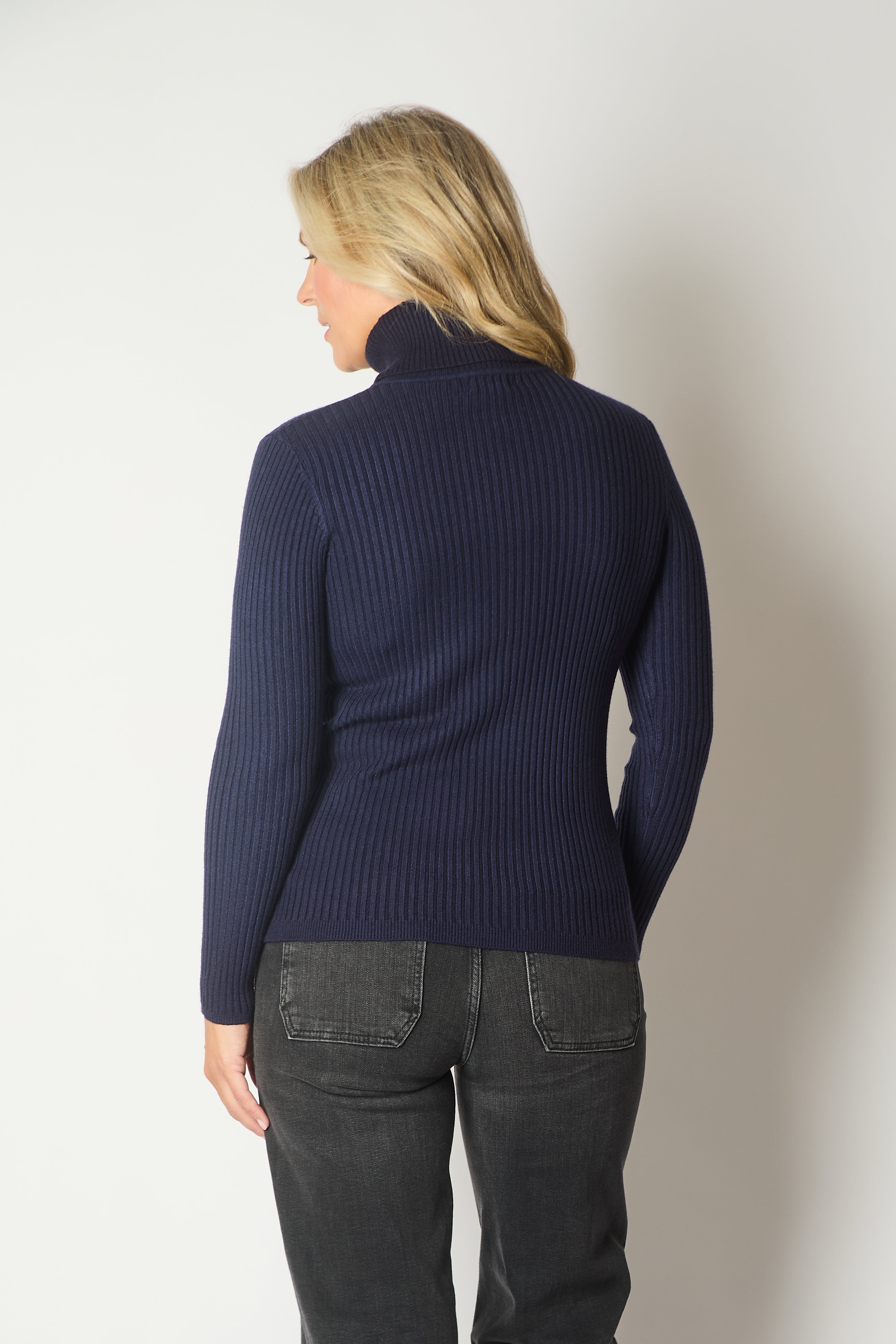 Ribbed Knit Roll Neck Jumper - Navy