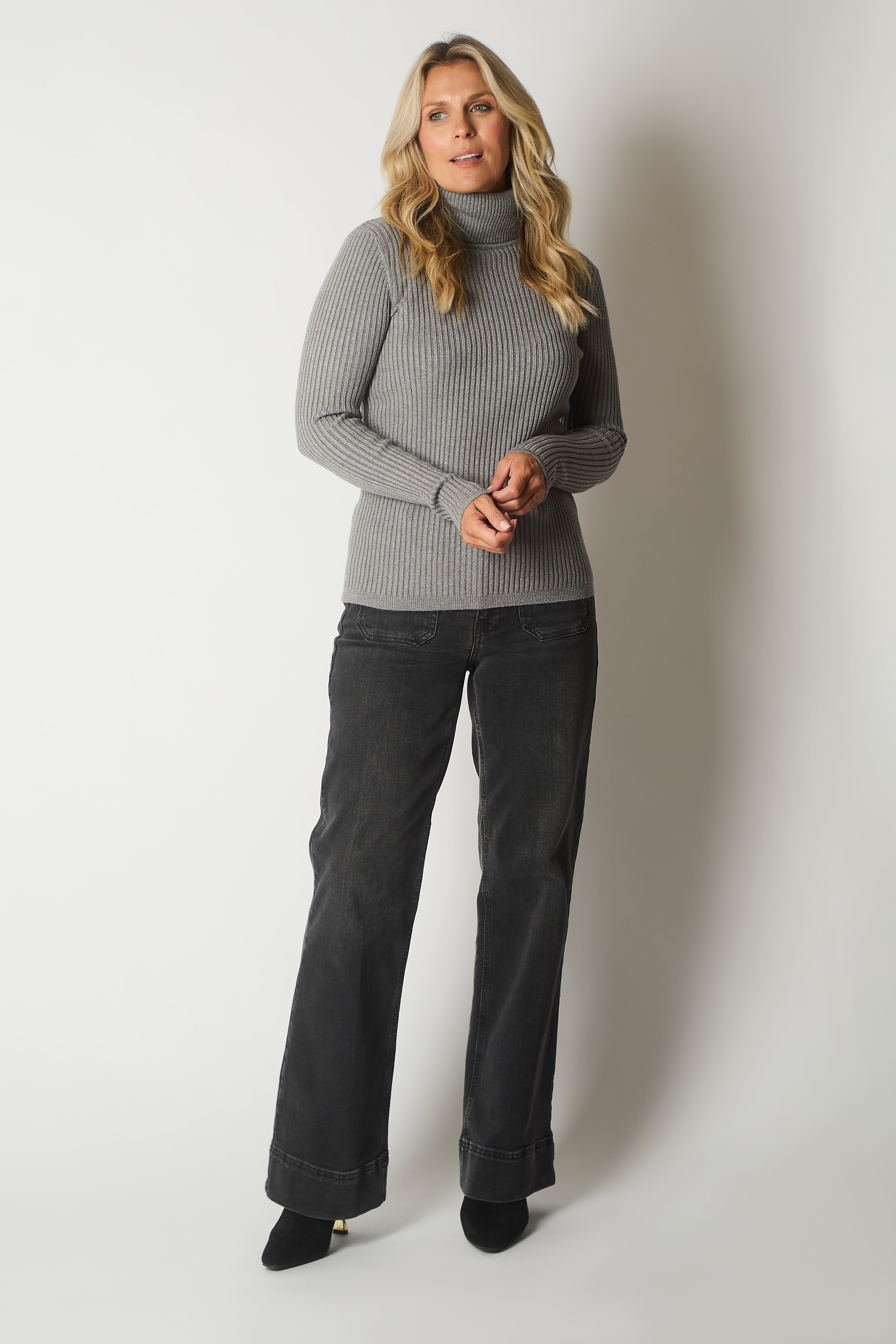 Ribbed Knit Roll Neck Jumper - Charcoal