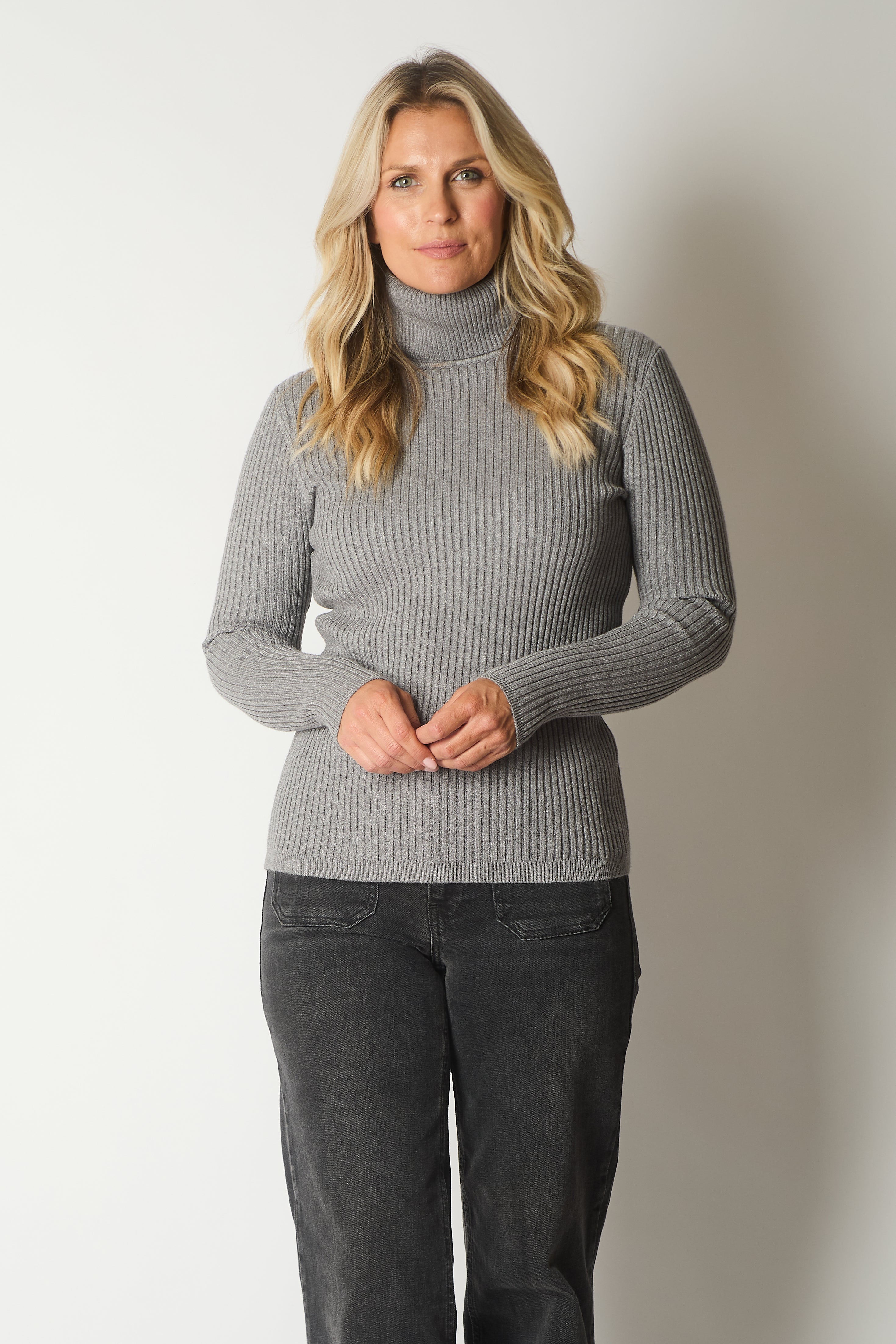 Ribbed Knit Roll Neck Jumper - Charcoal
