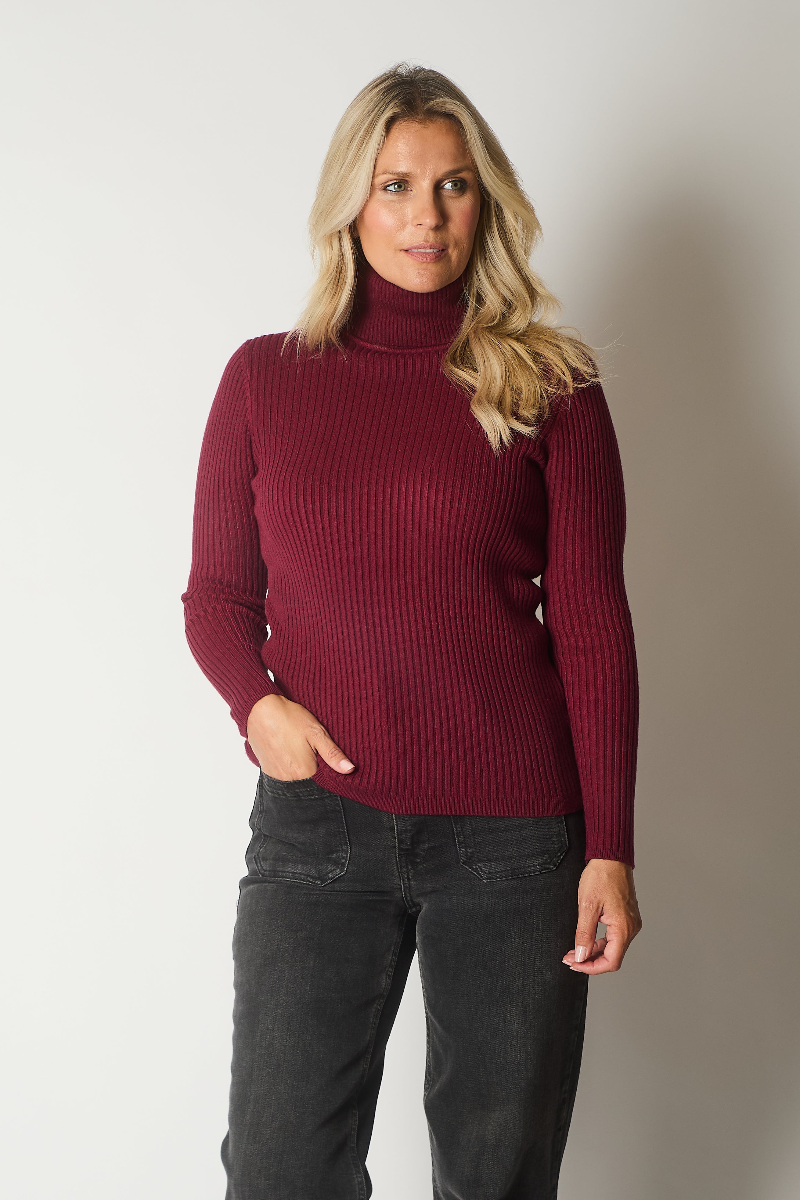 Ribbed Knit Roll Neck Jumper - Wine