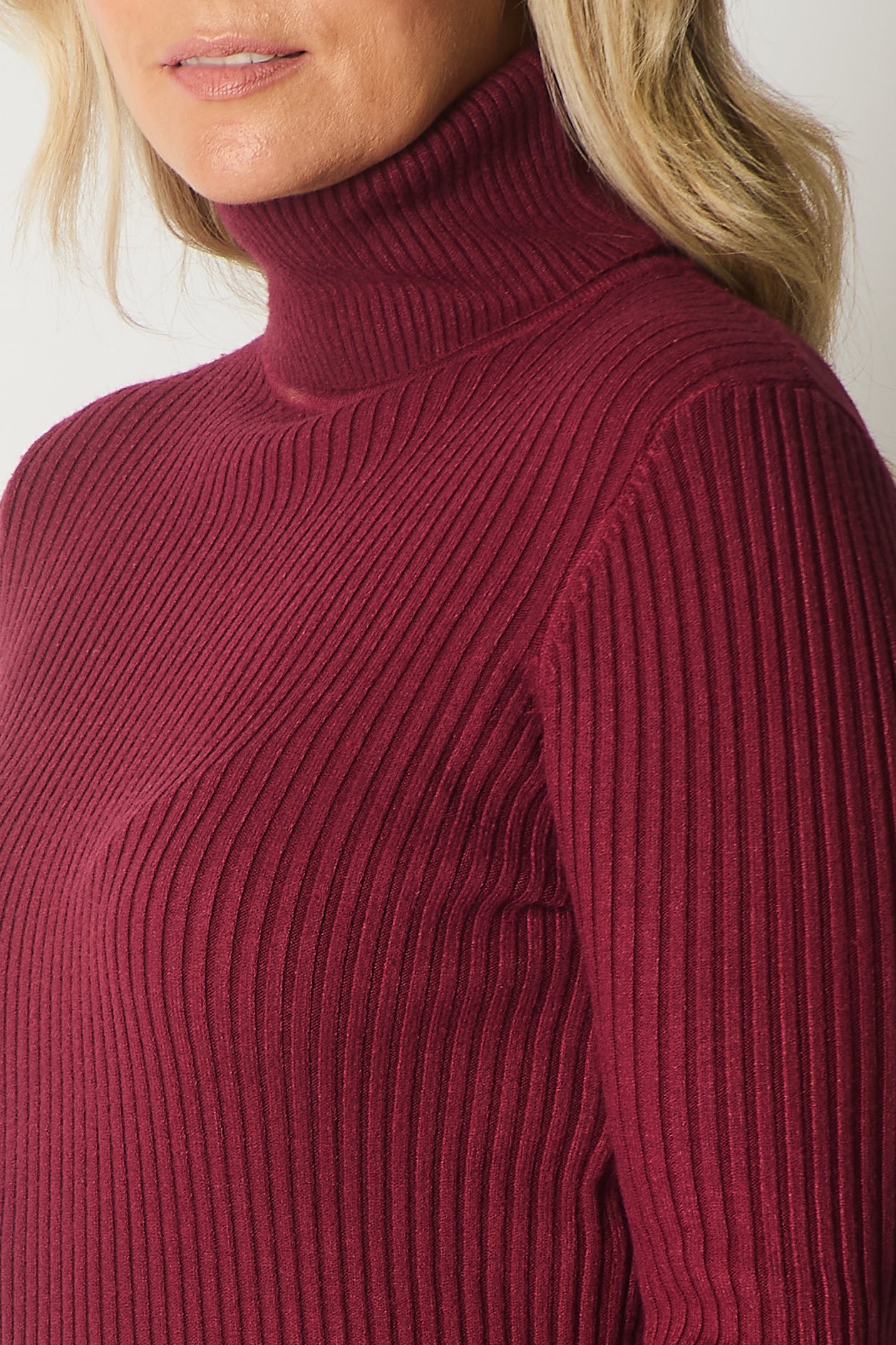 Ribbed Knit Roll Neck Jumper - Wine