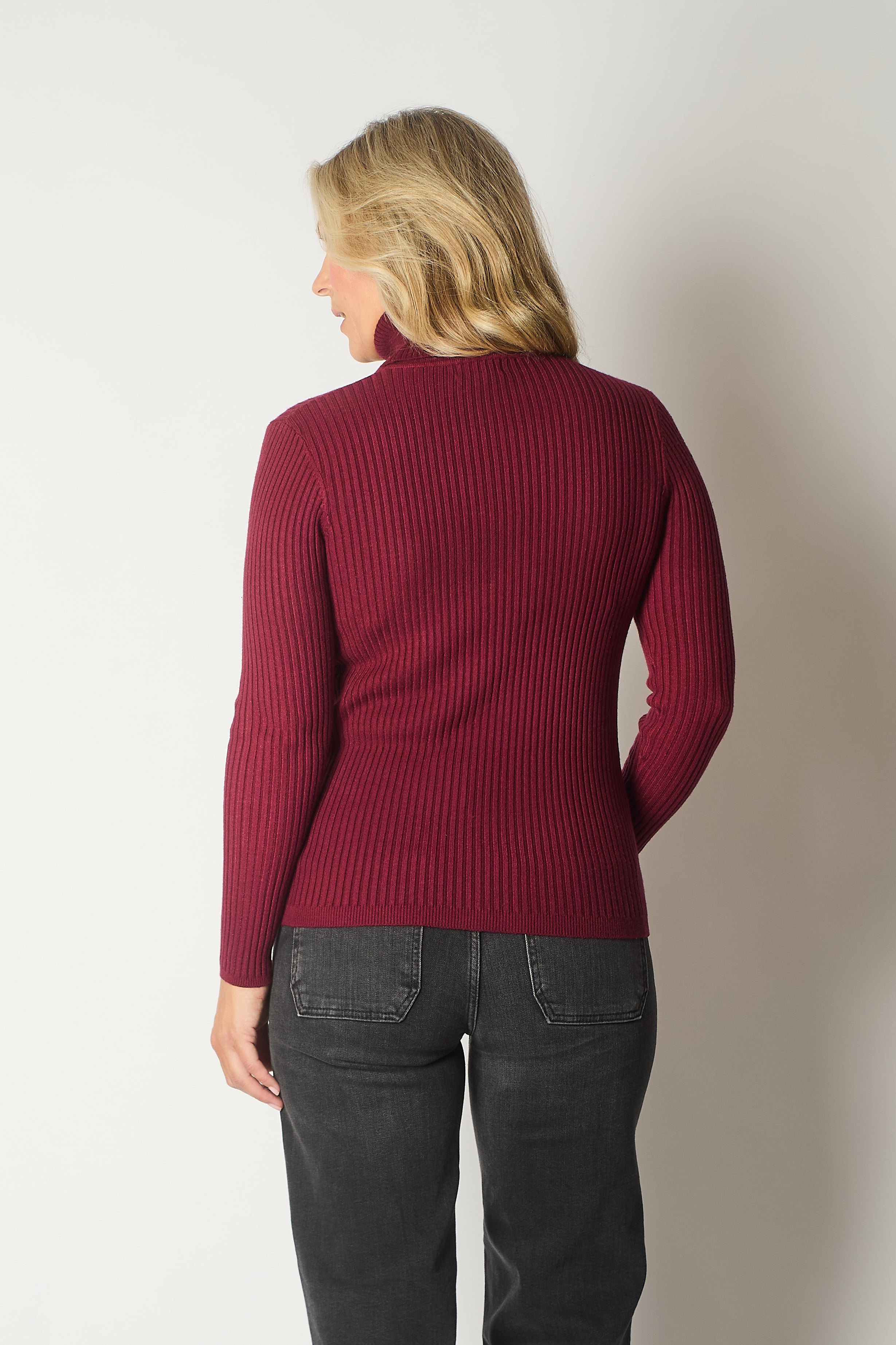 Ribbed Knit Roll Neck Jumper - Wine