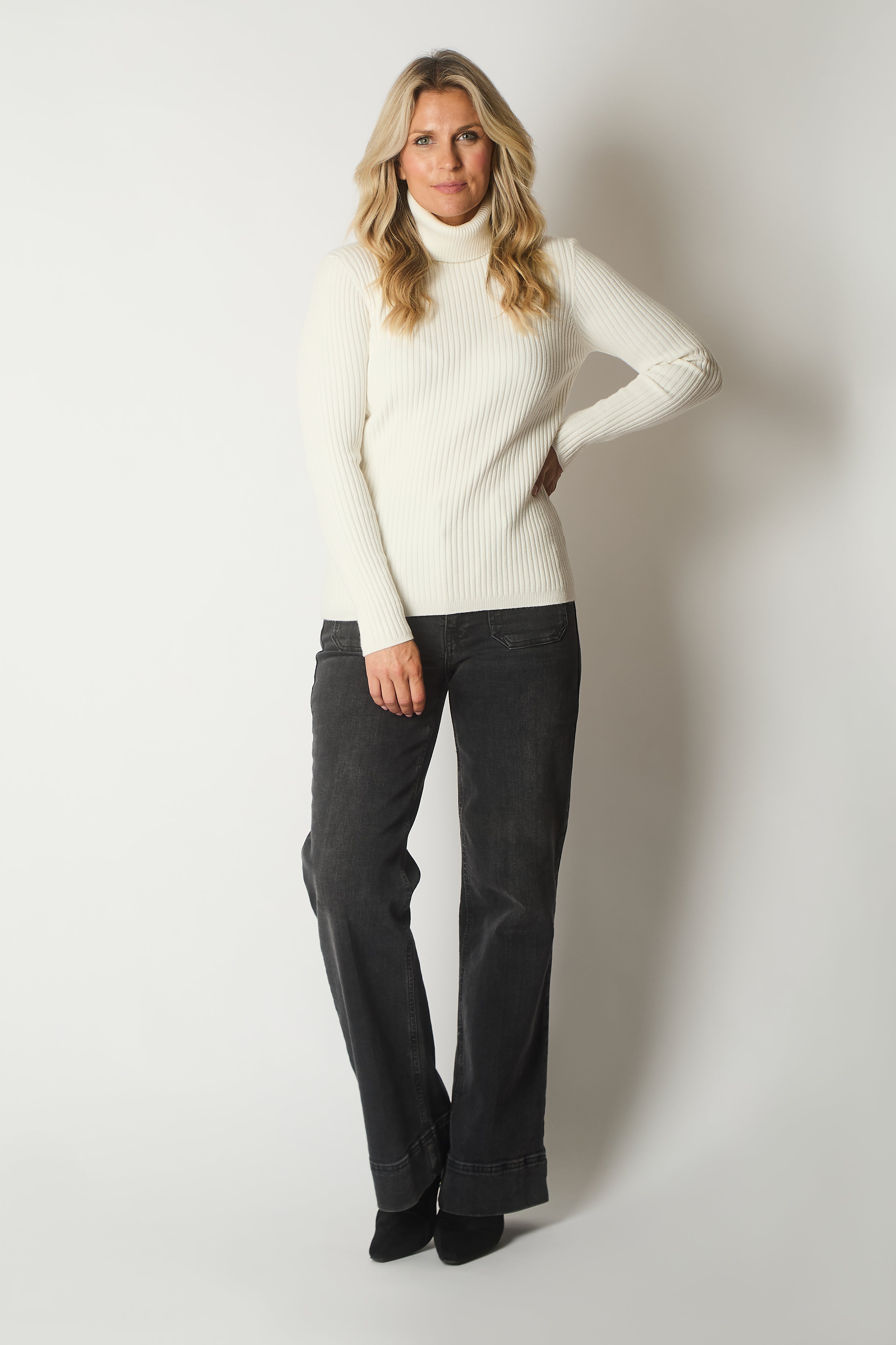 Ribbed Knit Roll Neck Jumper - Ecru