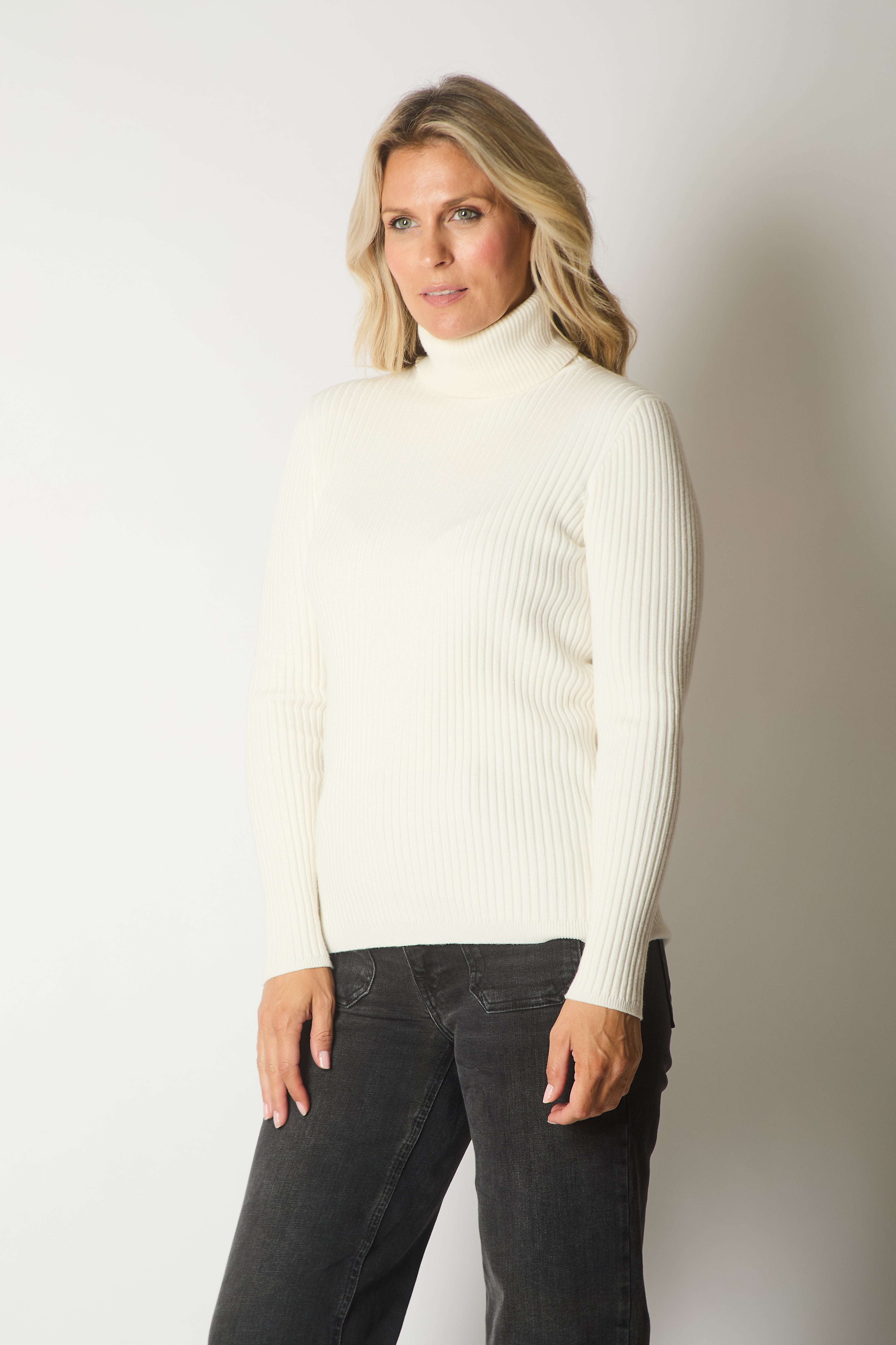 Ribbed Knit Roll Neck Jumper - Ecru