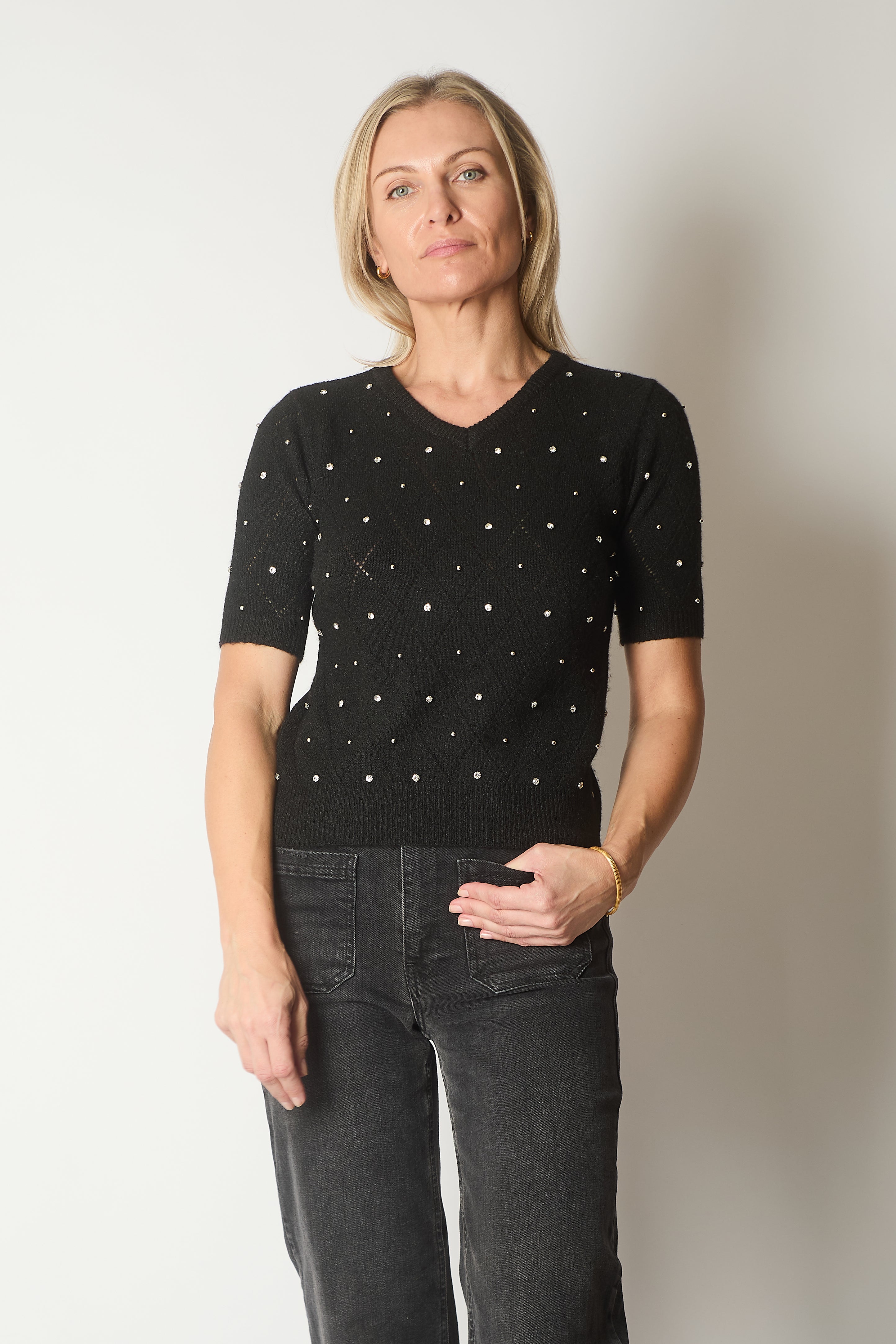 Embellished Knit V-Neck Jumper - Black