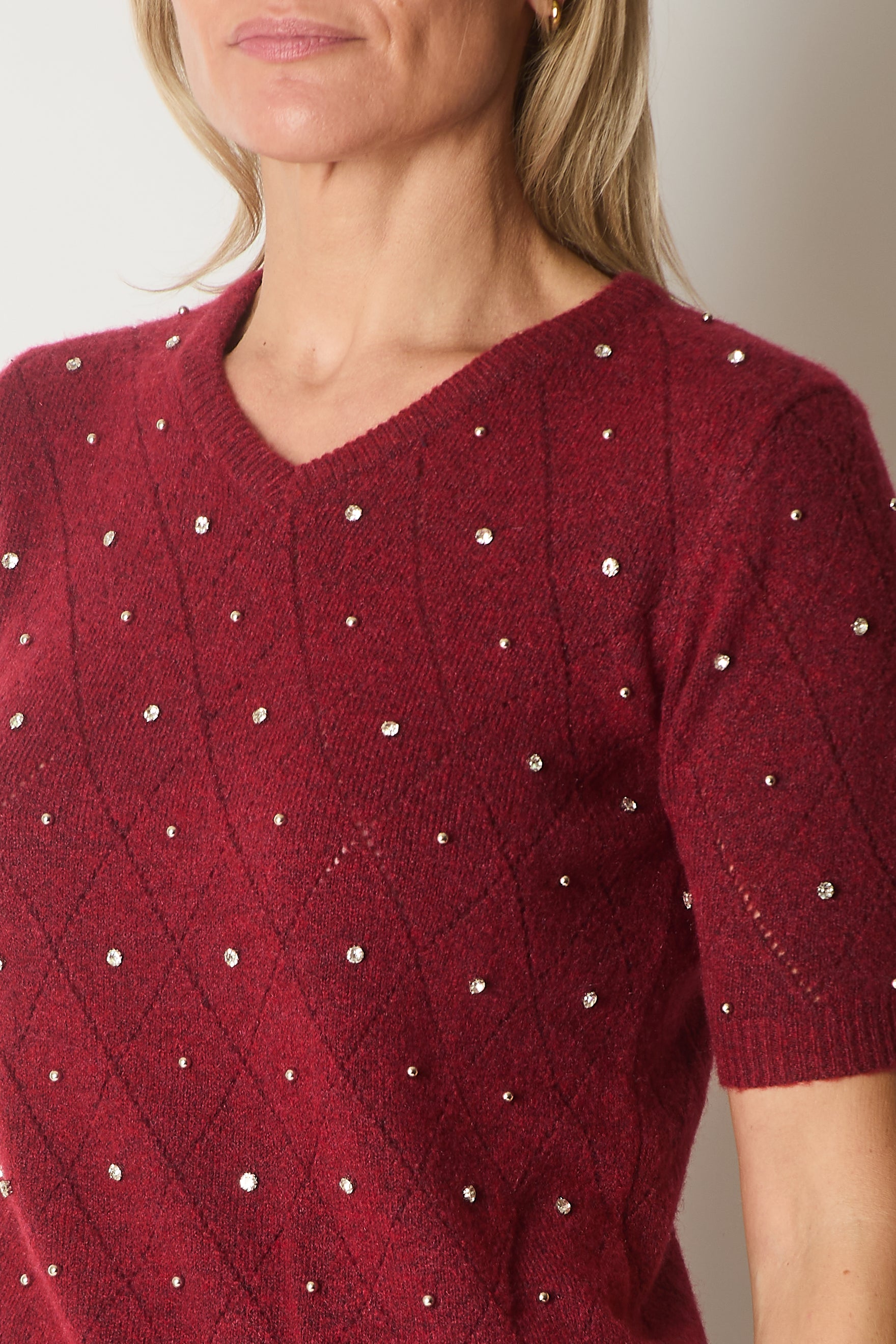 Embellished Knit V-Neck Jumper - Wine