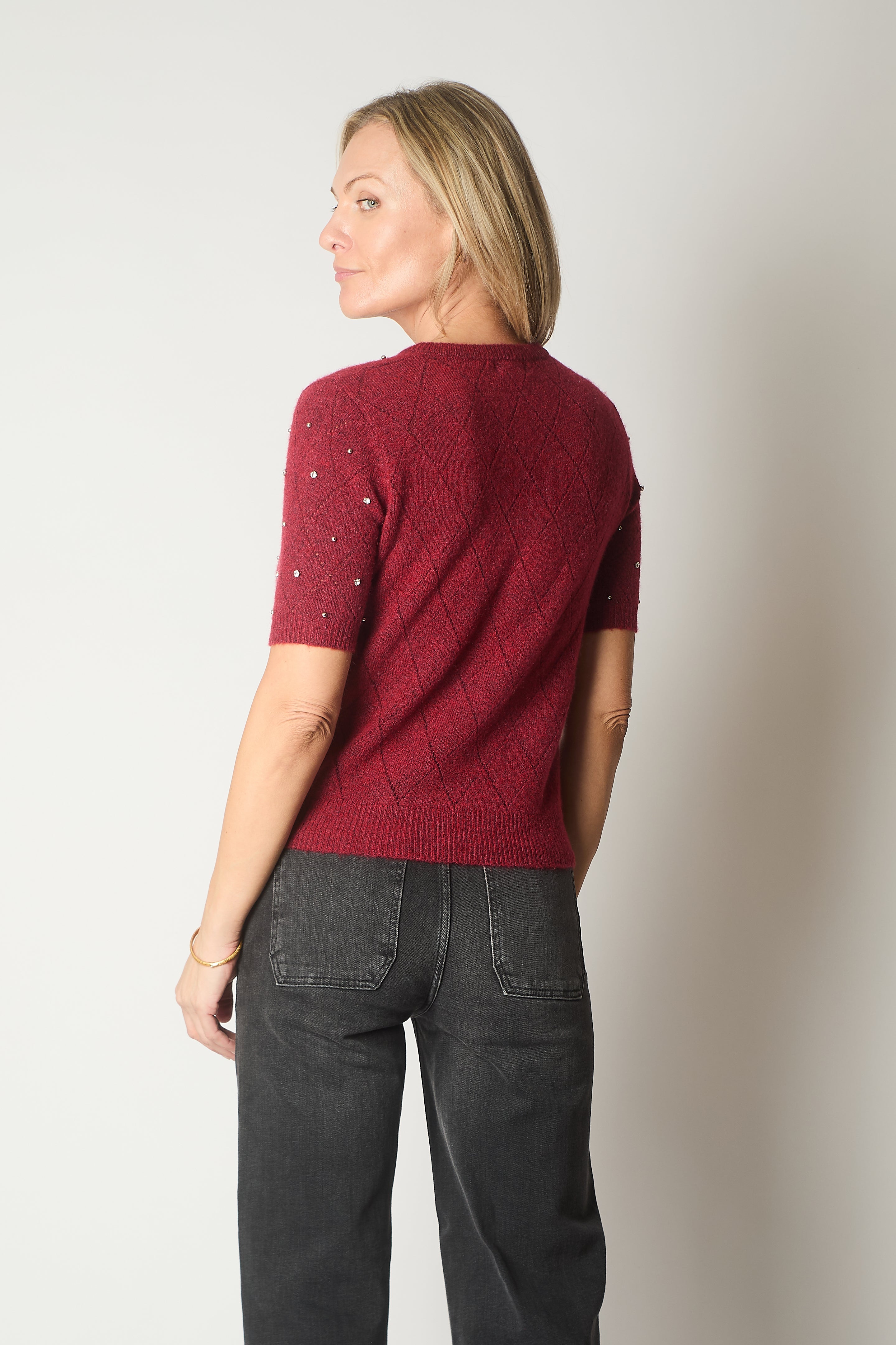 Embellished Knit V-Neck Jumper - Wine