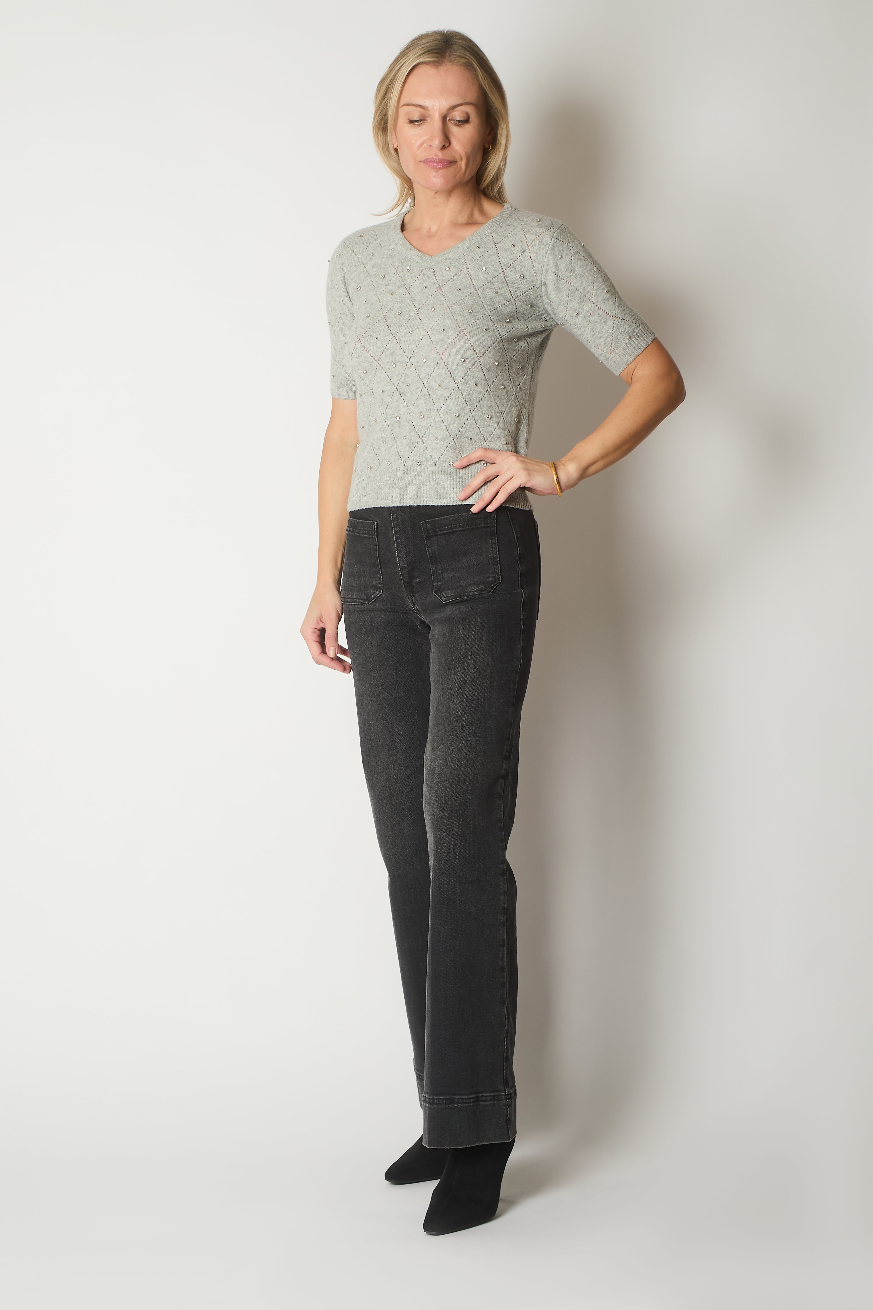 Embellished Knit V-Neck Jumper - Grey