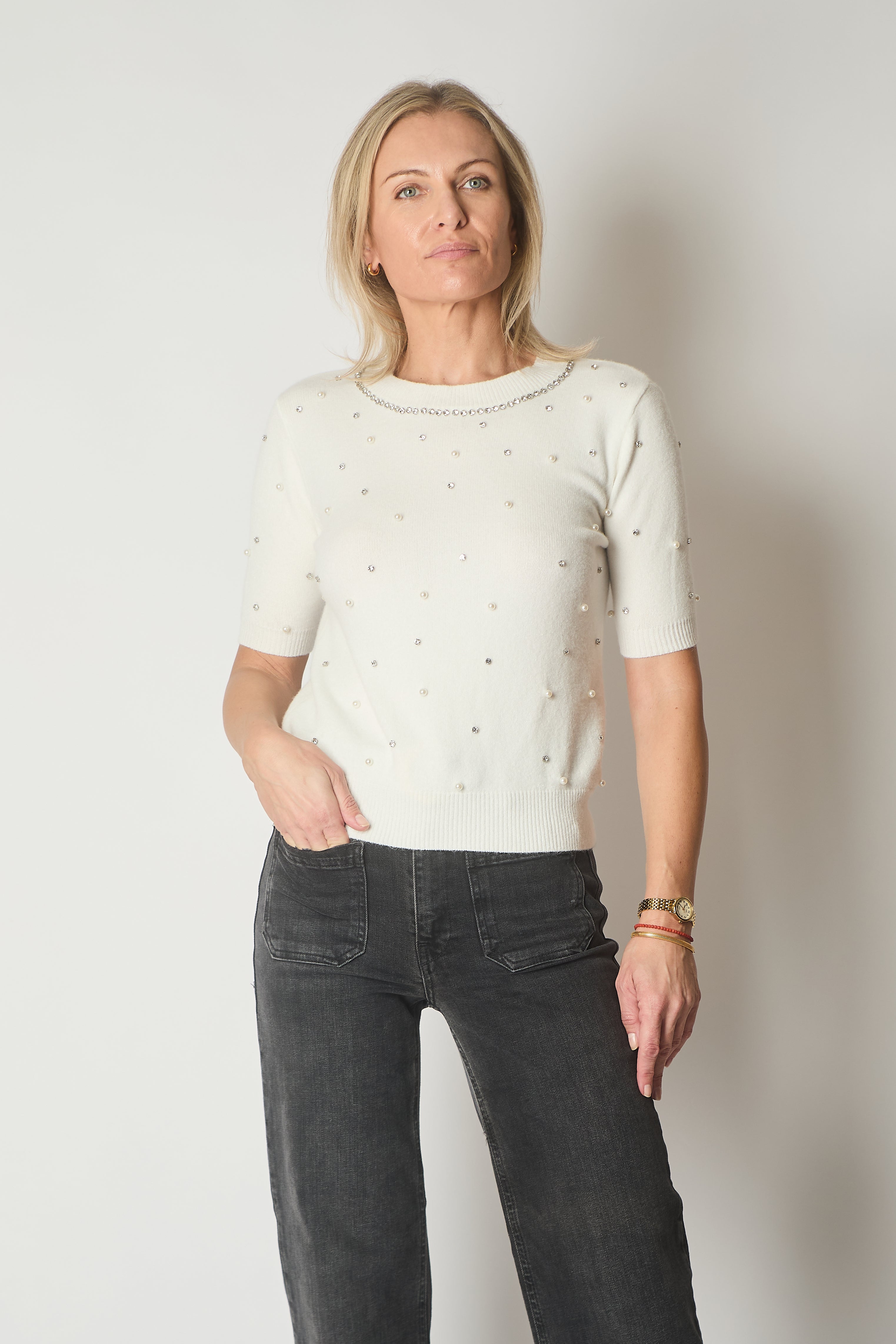 Embellished Knit Short Sleeve Jumper - White