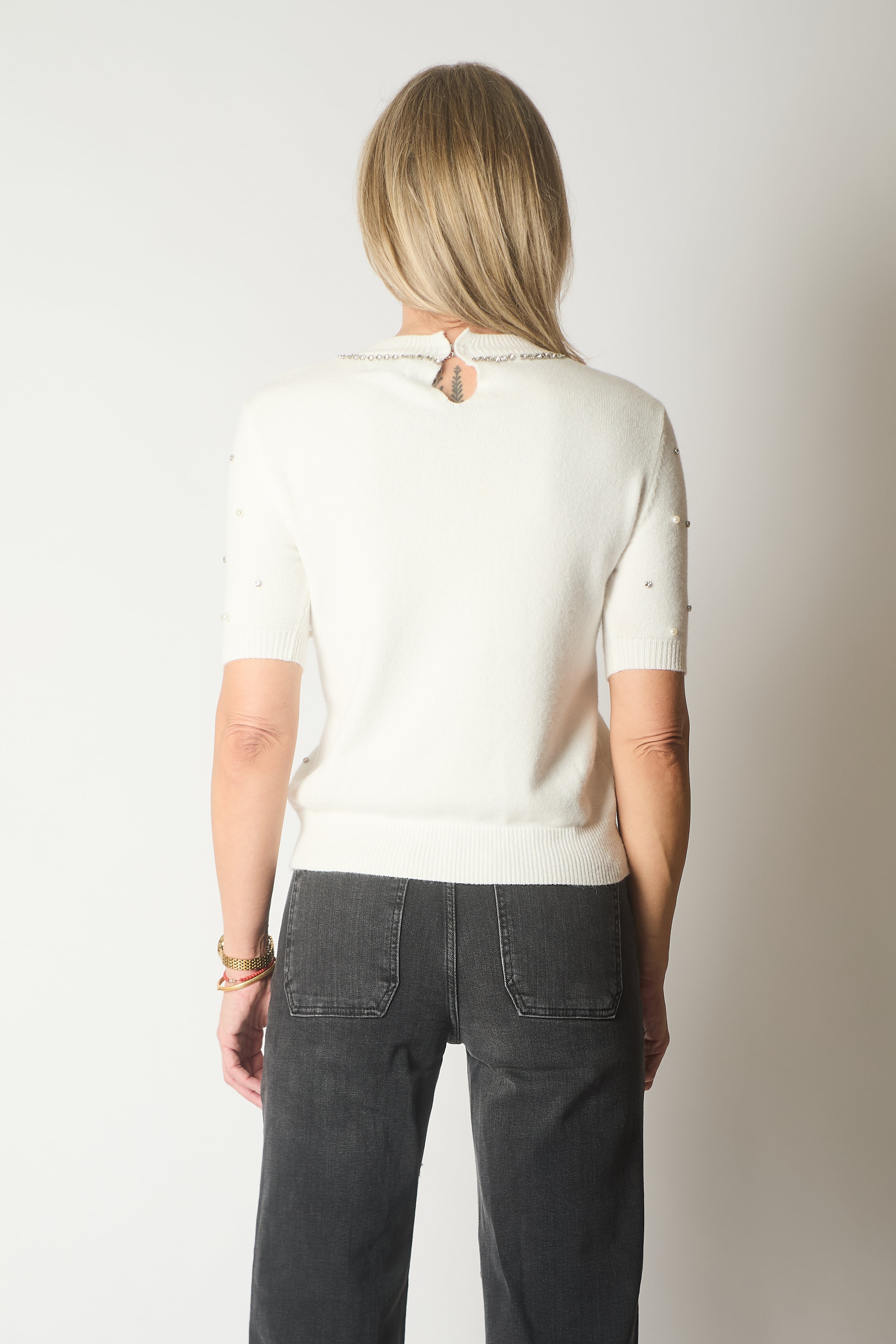 Embellished Knit Short Sleeve Jumper - White