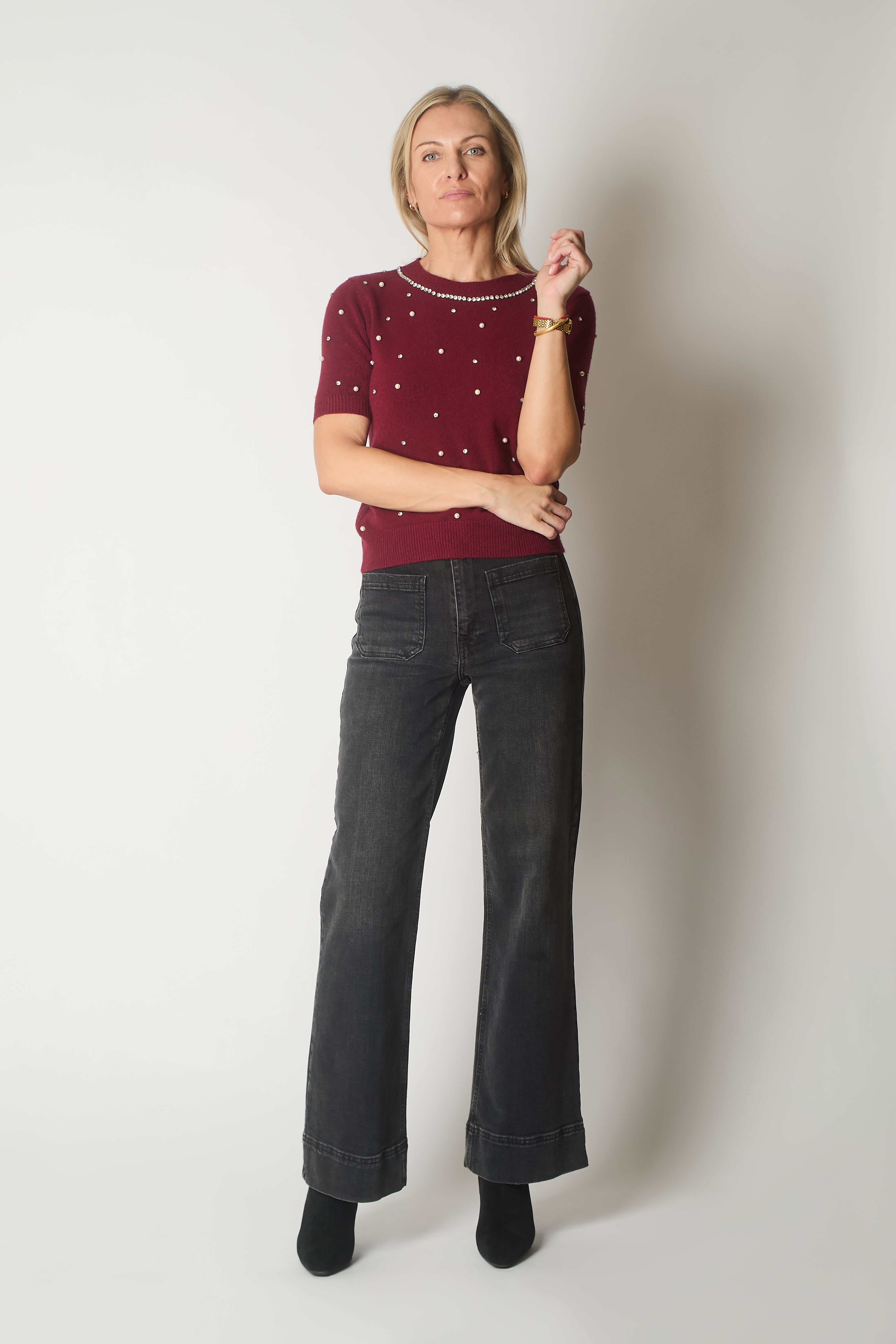 Embellished Knit Short Sleeve Jumper - Wine