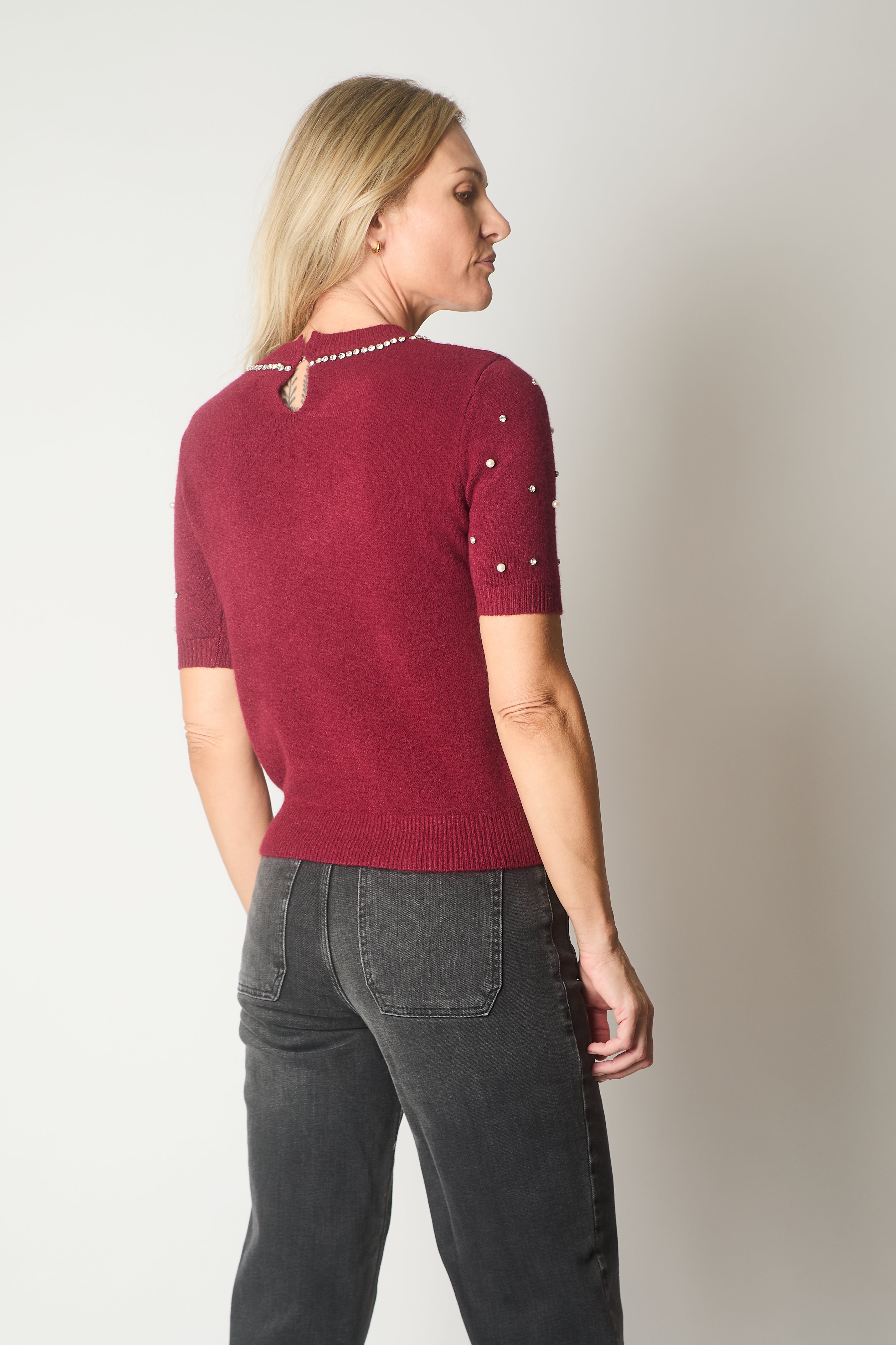 Embellished Knit Short Sleeve Jumper - Wine