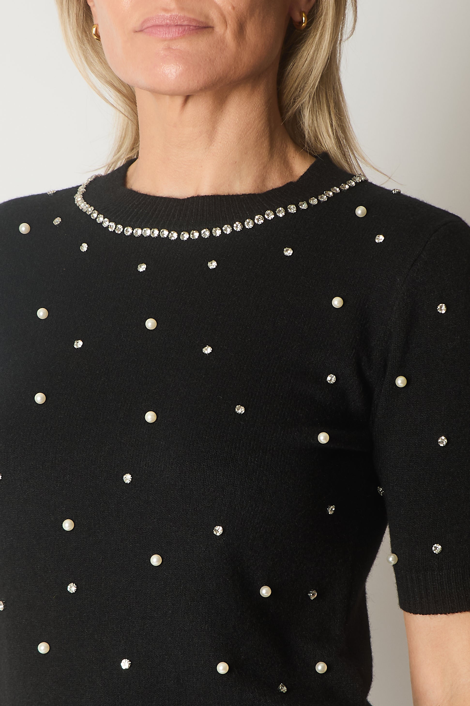Embellished Knit Short Sleeve Jumper - Black
