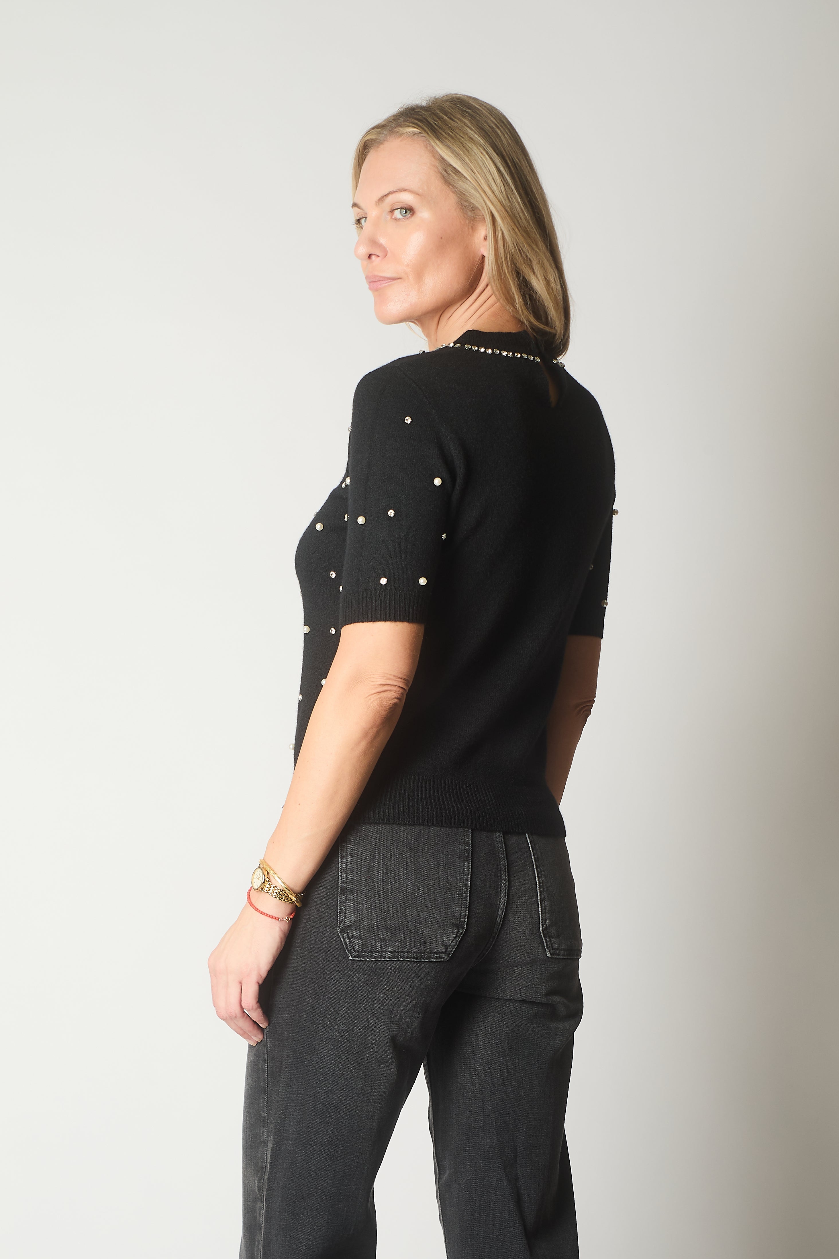 Embellished Knit Short Sleeve Jumper - Black
