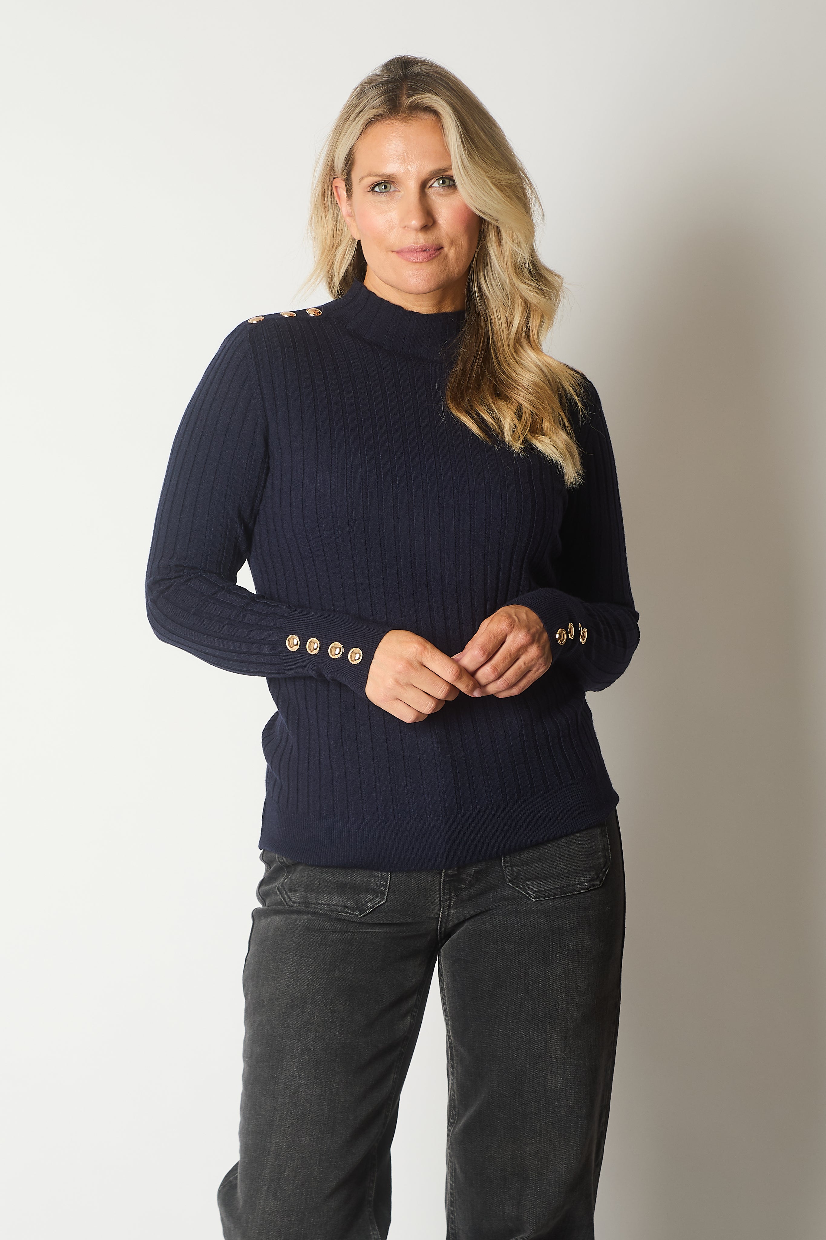 Ribbed Knit Jumper with Button Detail - Navy