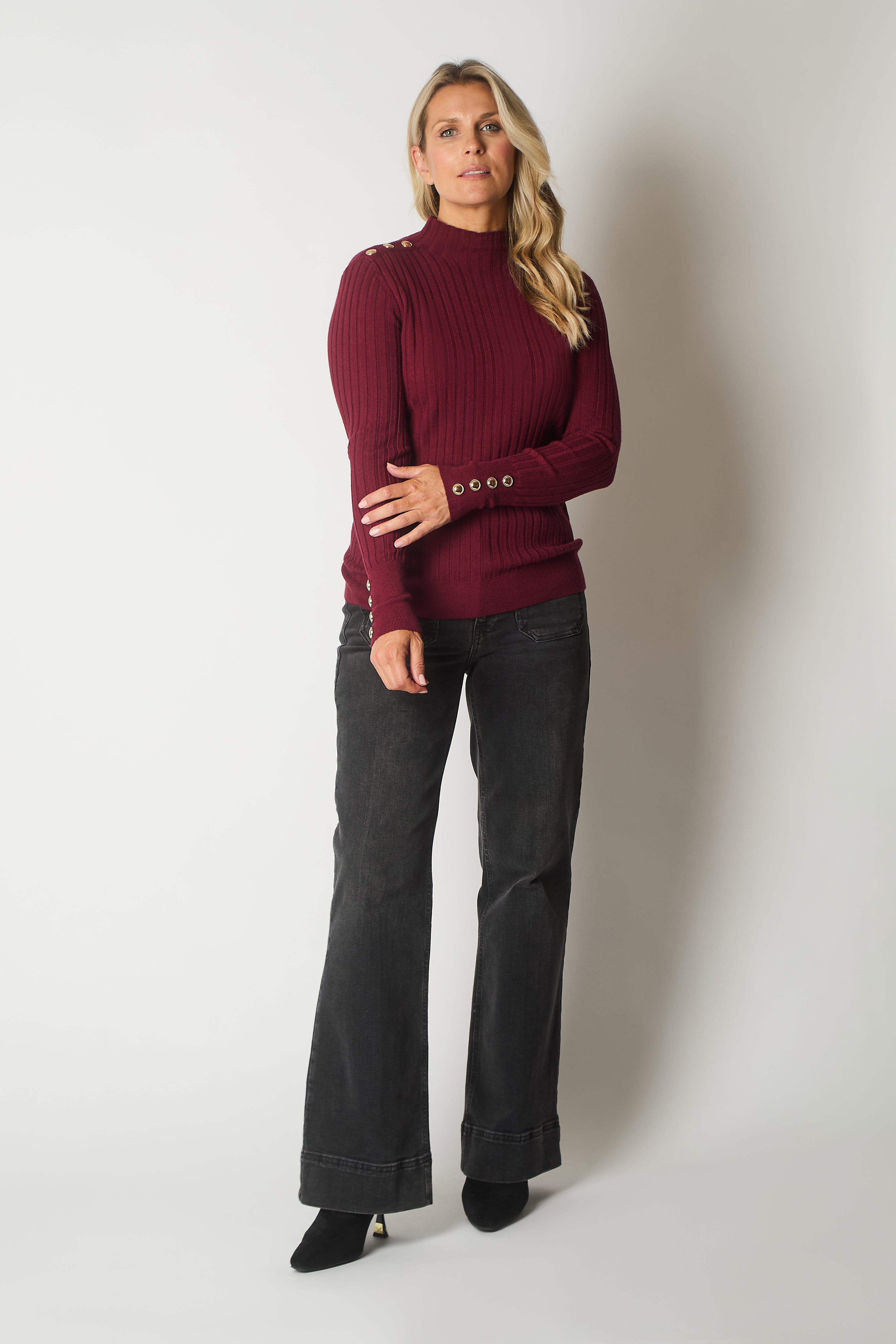 Ribbed Knit Jumper with Button Detail - Wine
