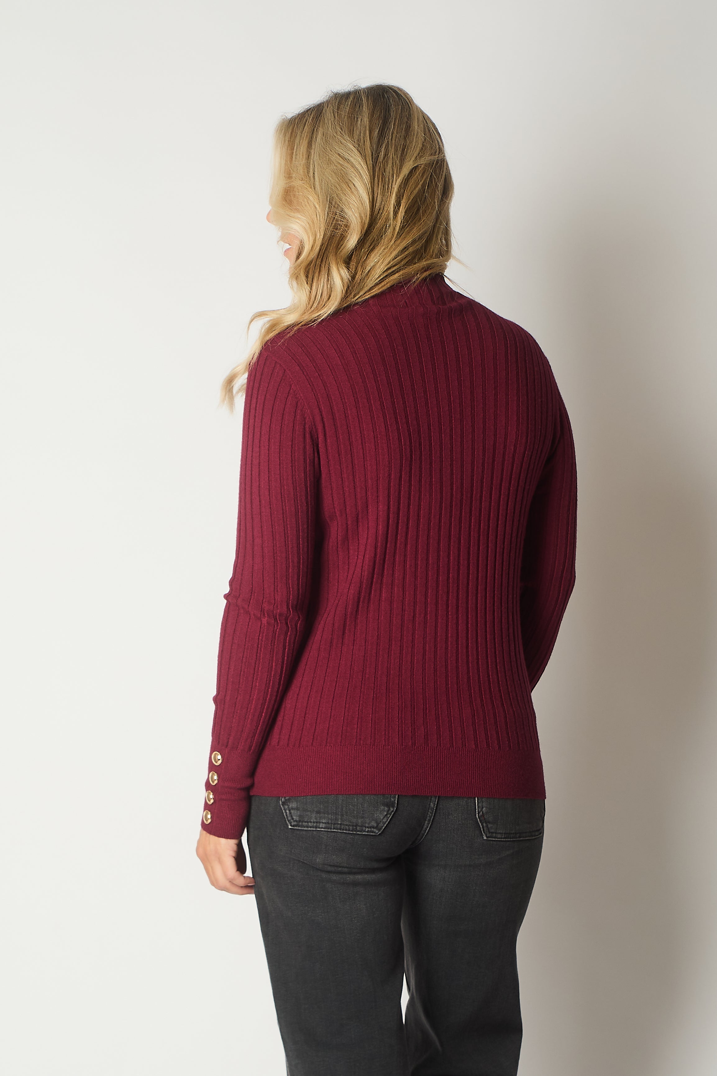 Ribbed Knit Jumper with Button Detail - Wine