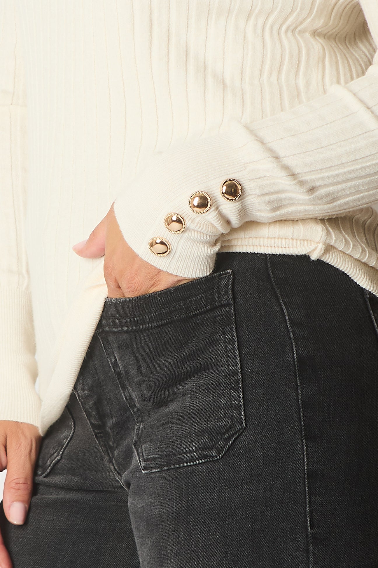 Ribbed Knit Jumper with Button Detail - Latte