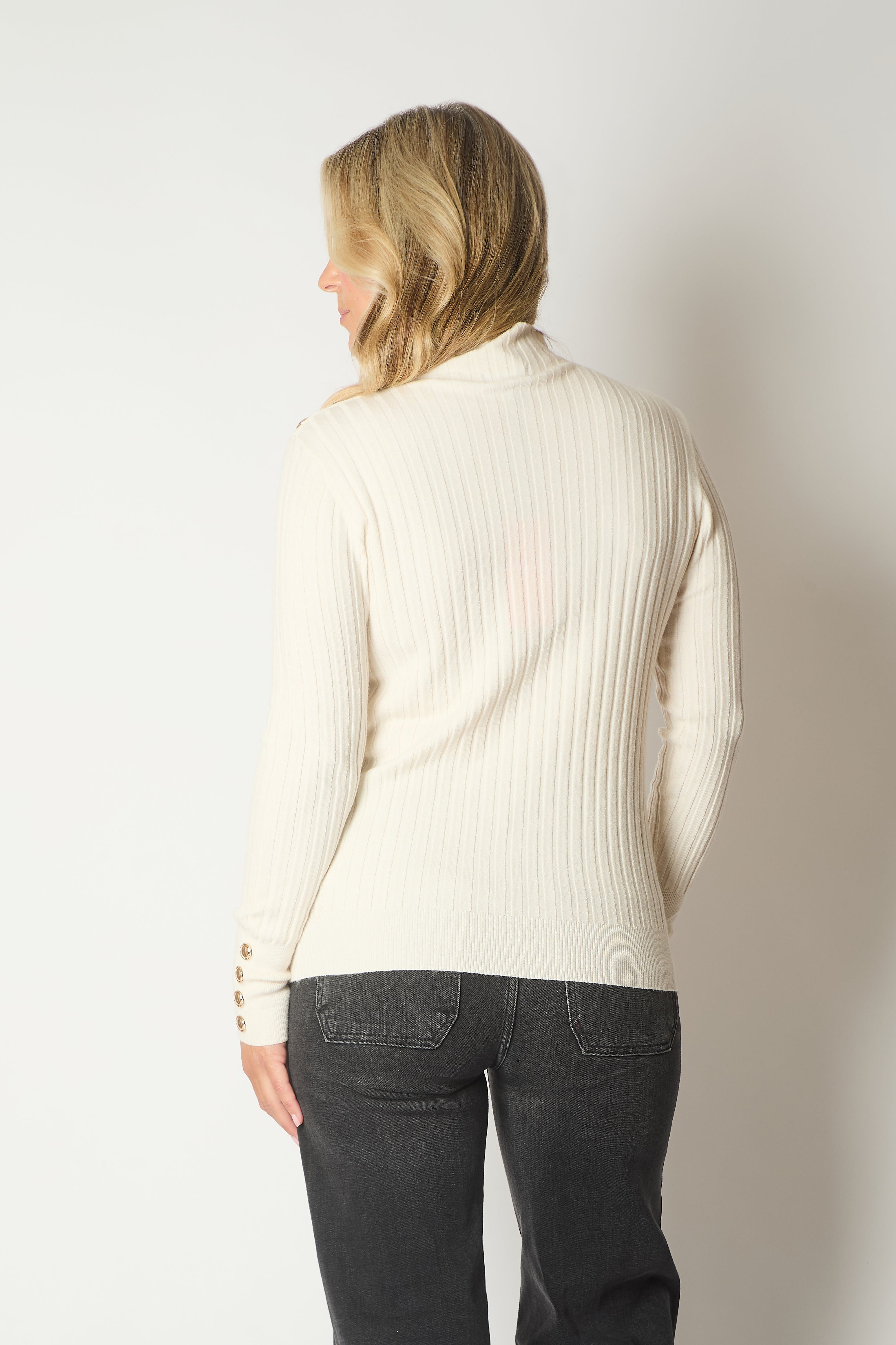 Ribbed Knit Jumper with Button Detail - Latte
