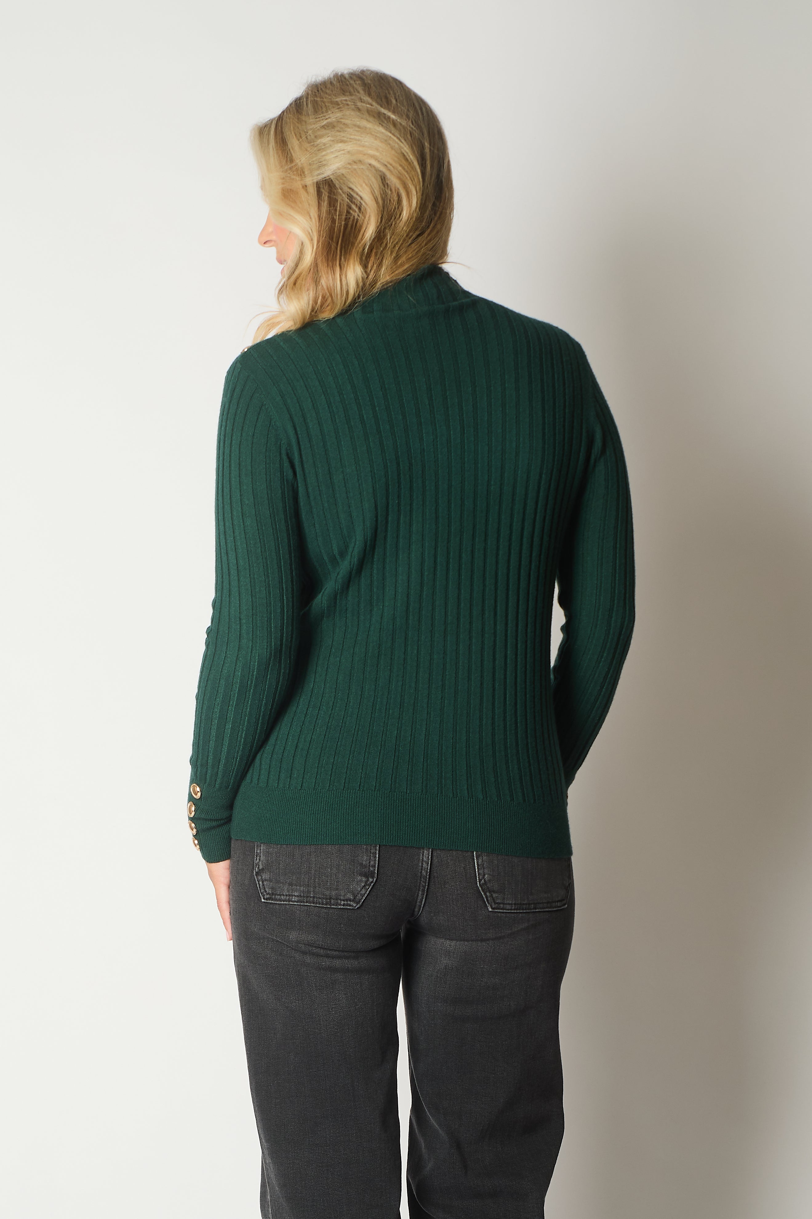 Ribbed Knit Jumper with Button Detail - Green