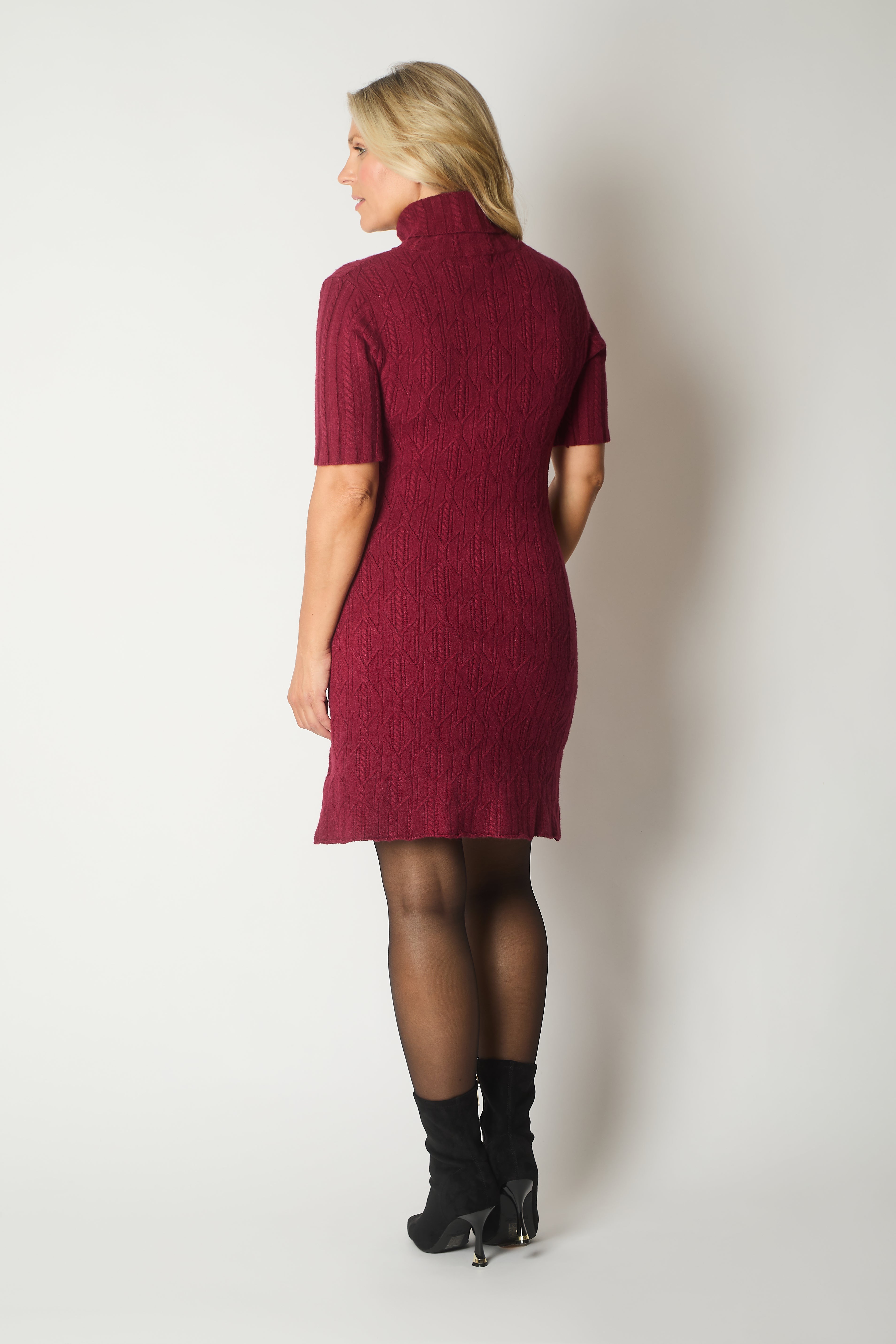 Knit Turtleneck Dress with Rosette Detail - Wine