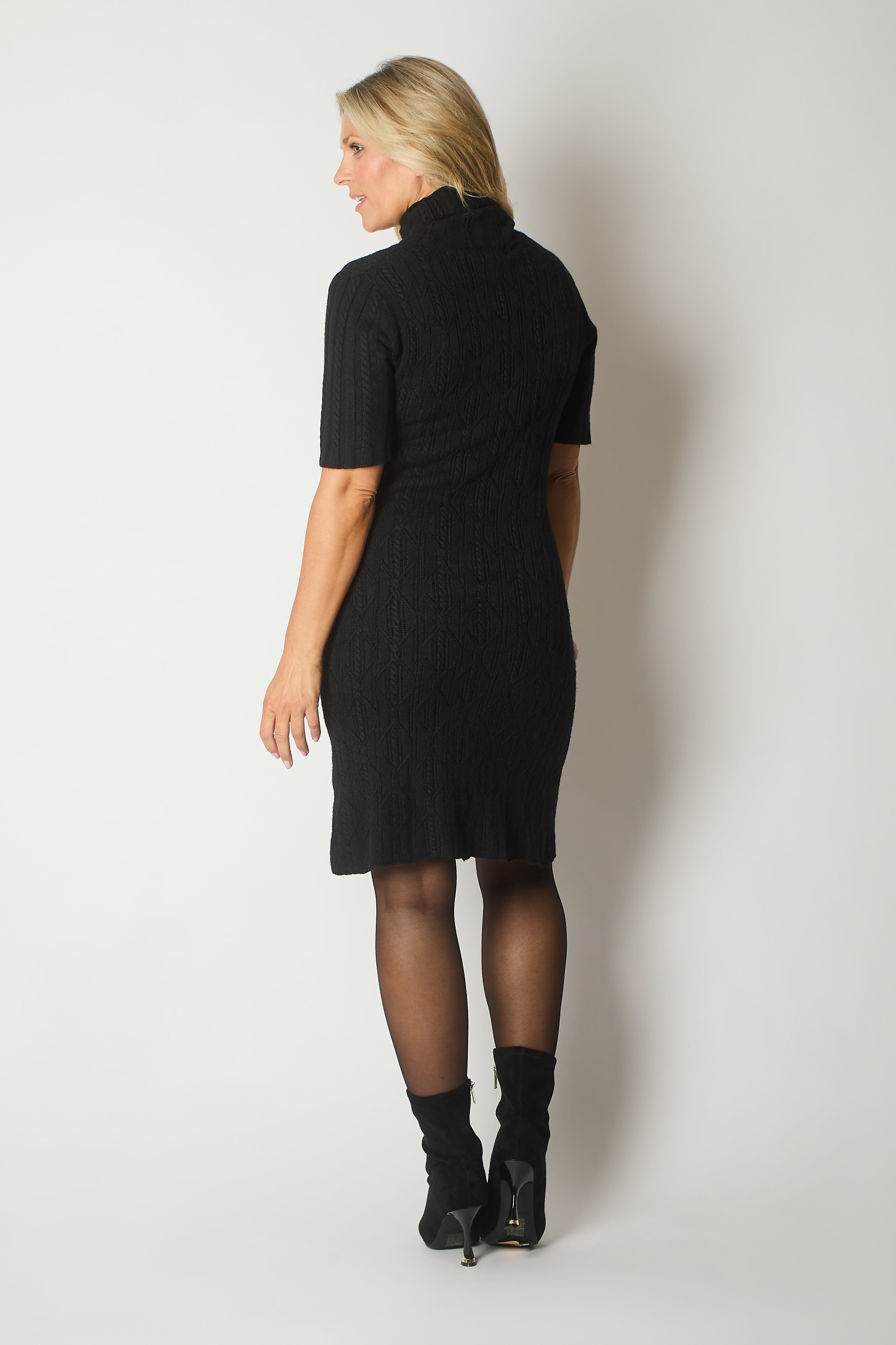 Knit Turtleneck Dress with Rosette Detail - Black
