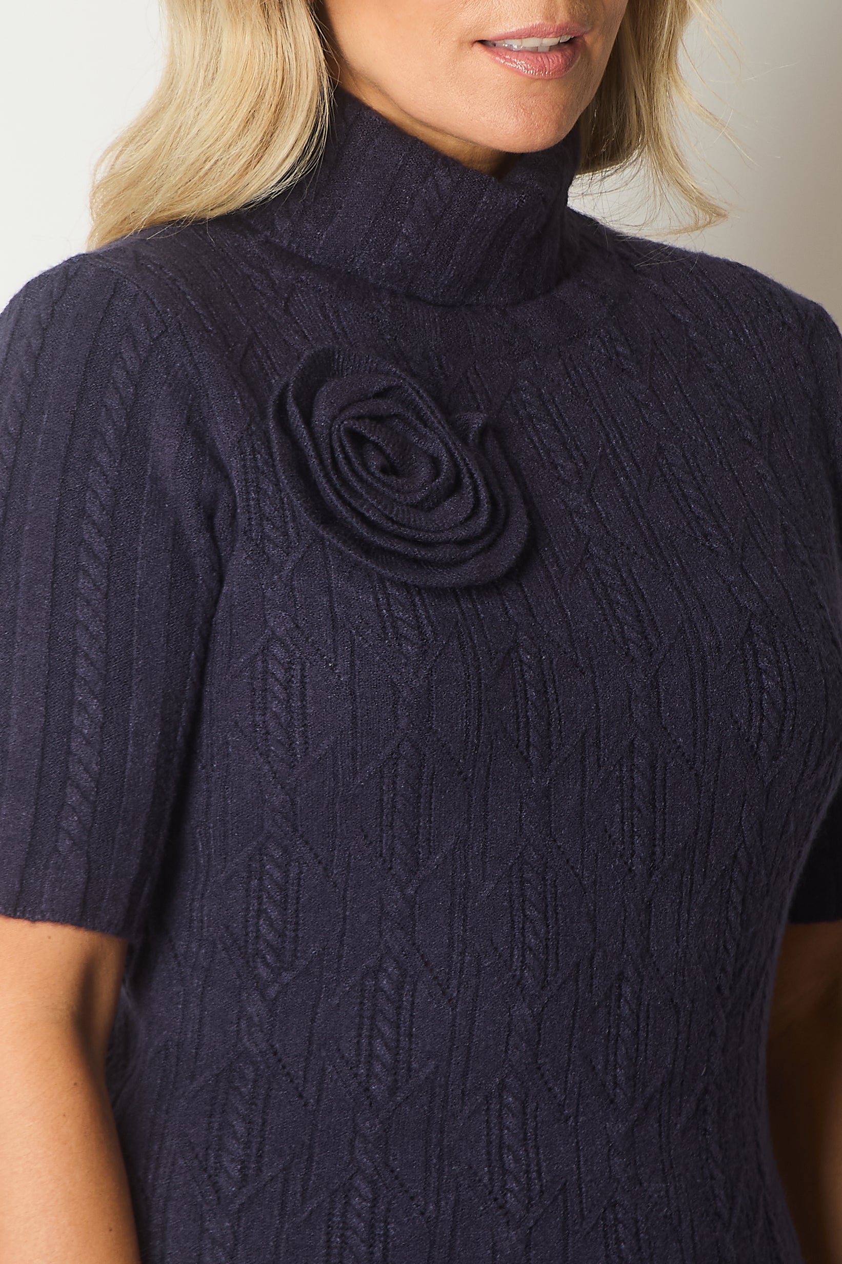 Knit Turtleneck Dress with Rosette Detail - Navy