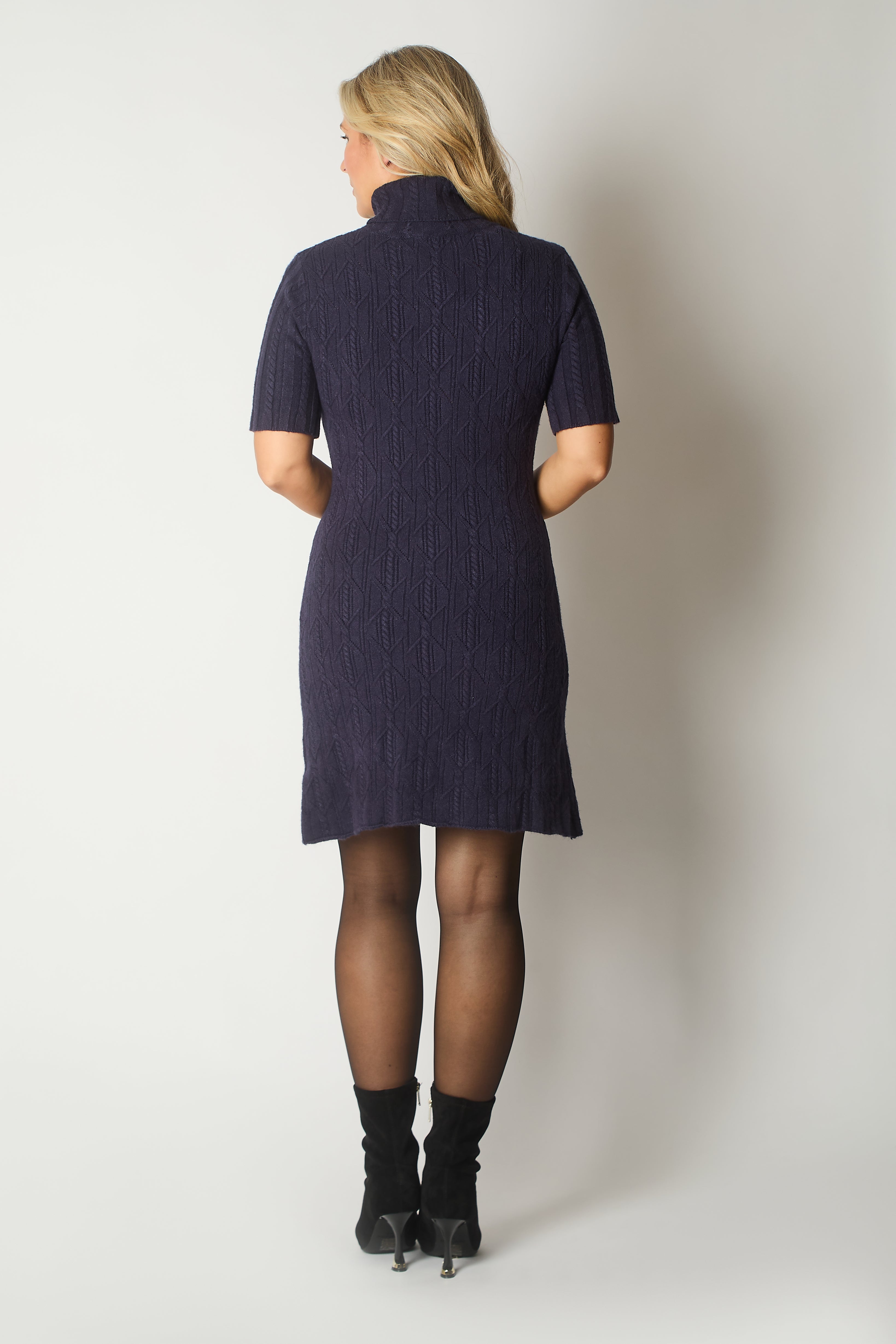 Knit Turtleneck Dress with Rosette Detail - Navy