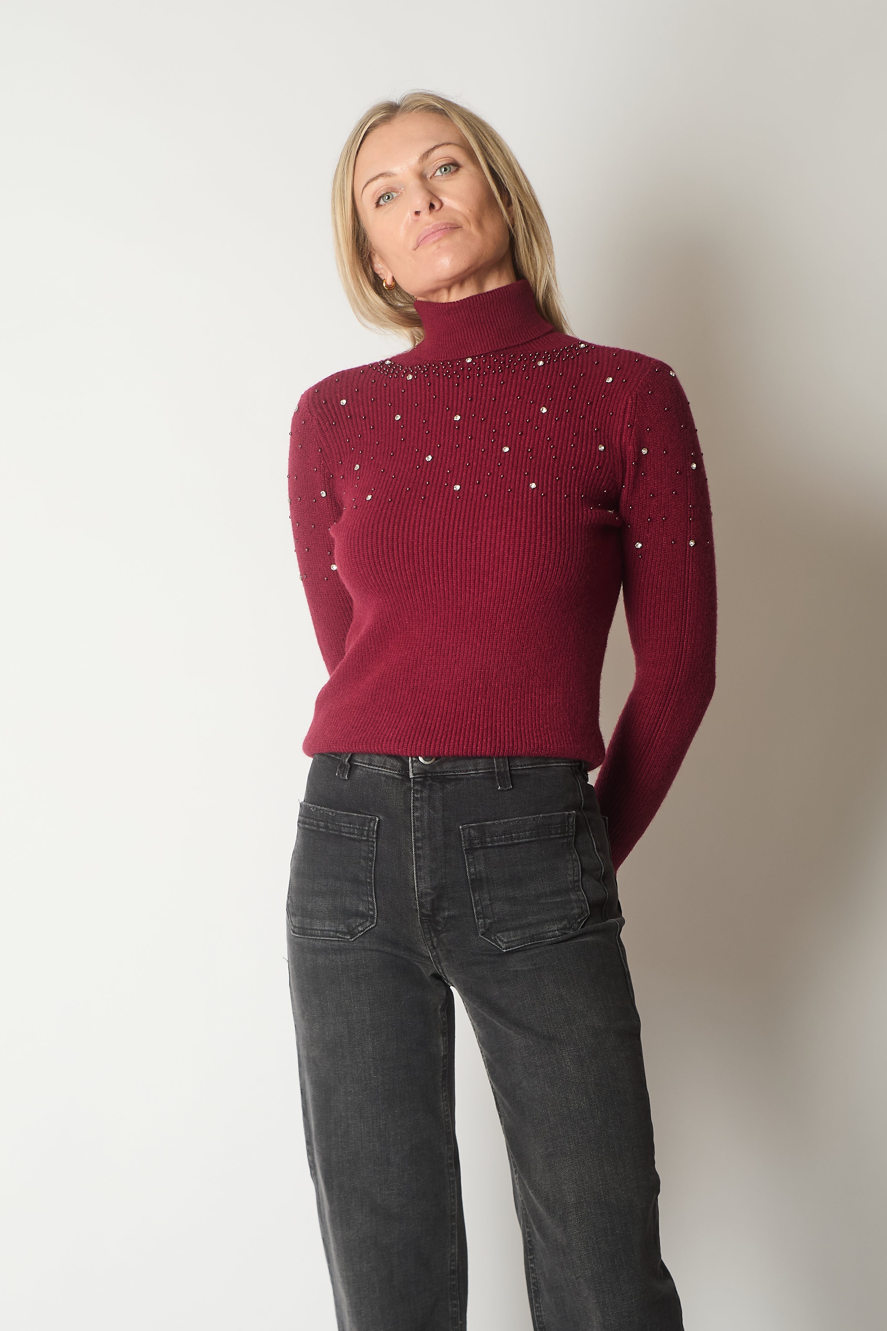 Embellished Roll Neck Jumper - Wine