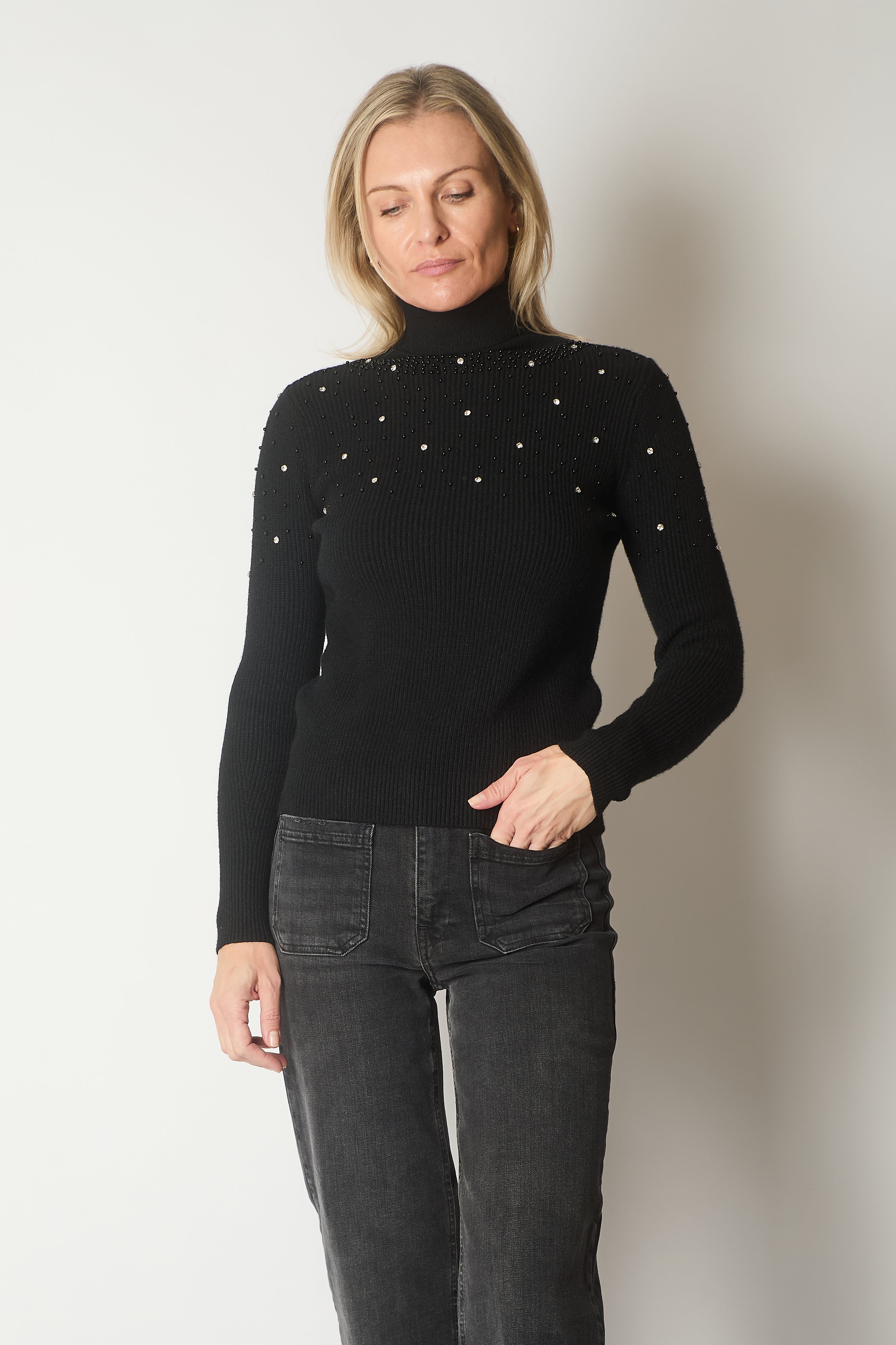 Embellished Roll Neck Jumper - Black