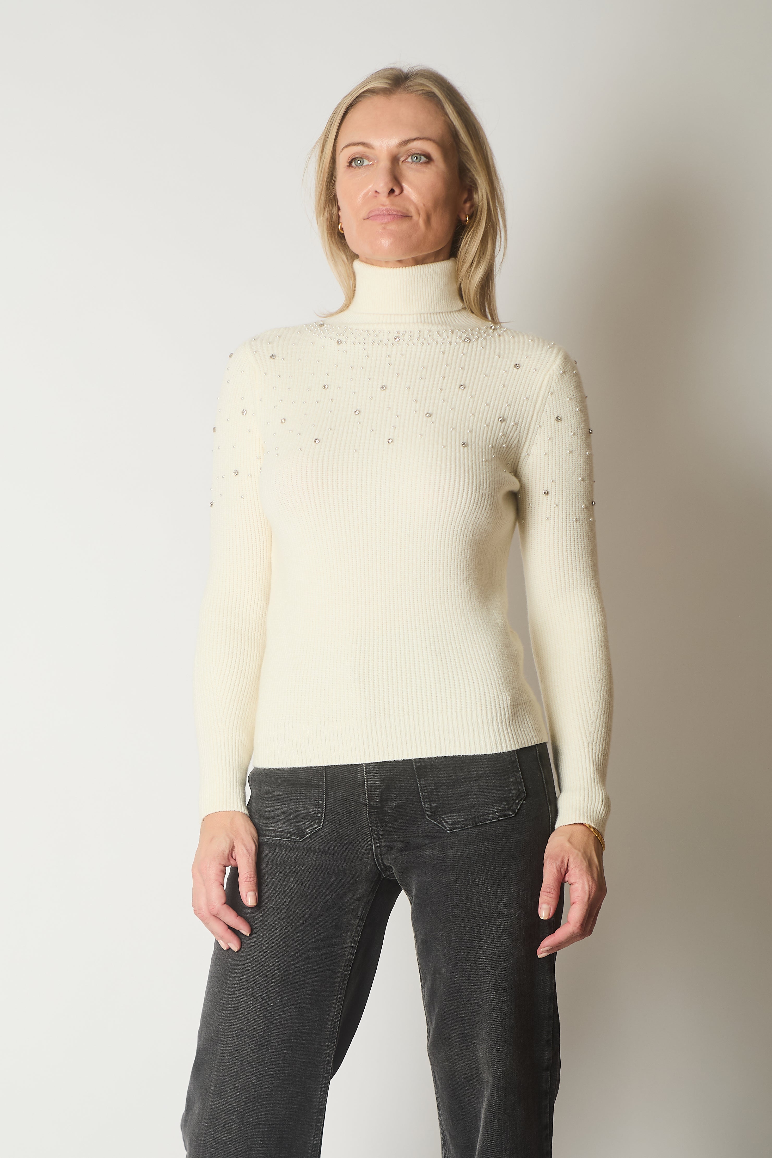 Embellished Roll Neck Jumper - Ecru
