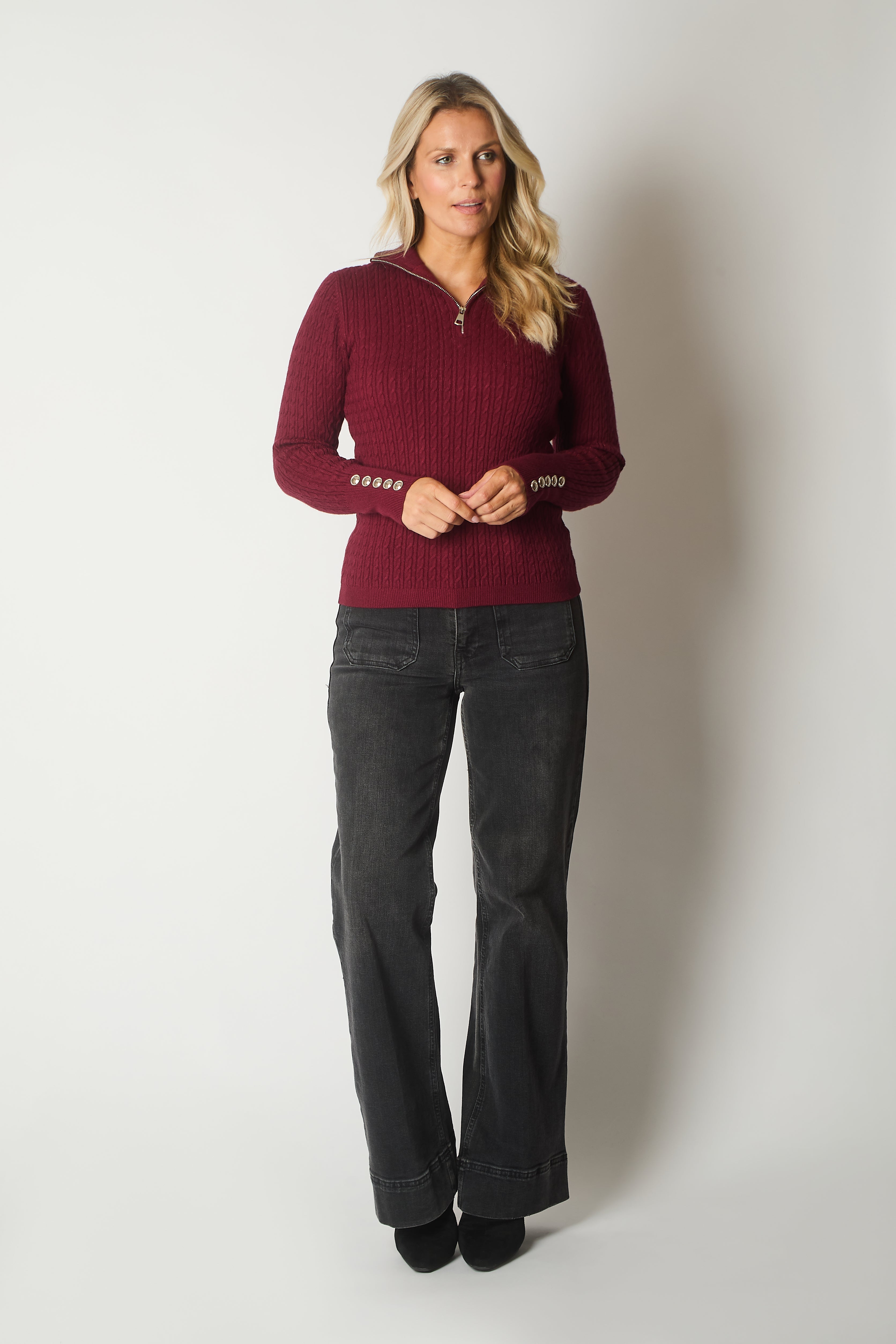 Cable Knit Quarter-Zip Sweater with Button Cuff Detail - Wine