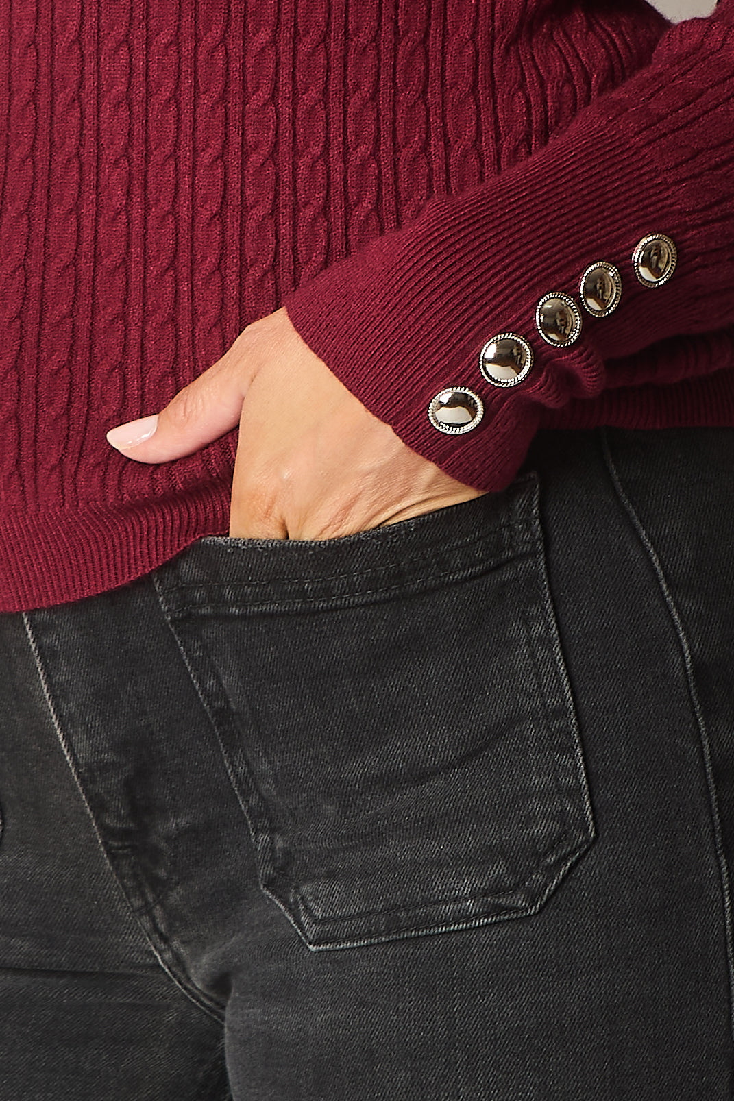 Cable Knit Quarter-Zip Sweater with Button Cuff Detail - Wine