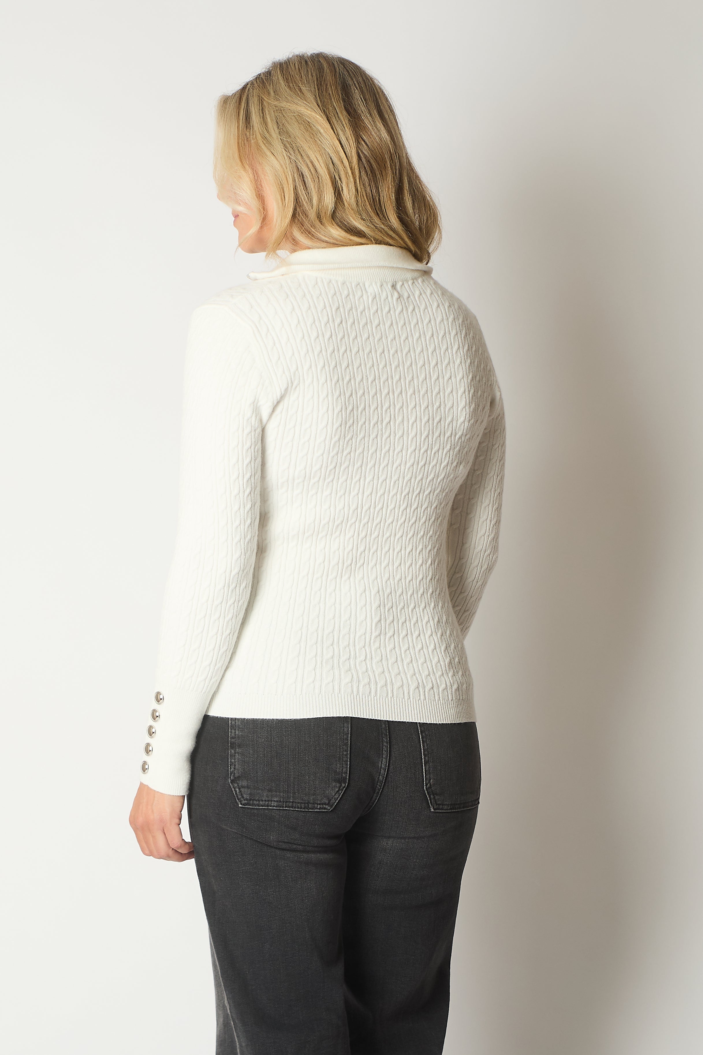 Cable Knit Quarter-Zip Sweater with Button Cuff Detail - Ecru
