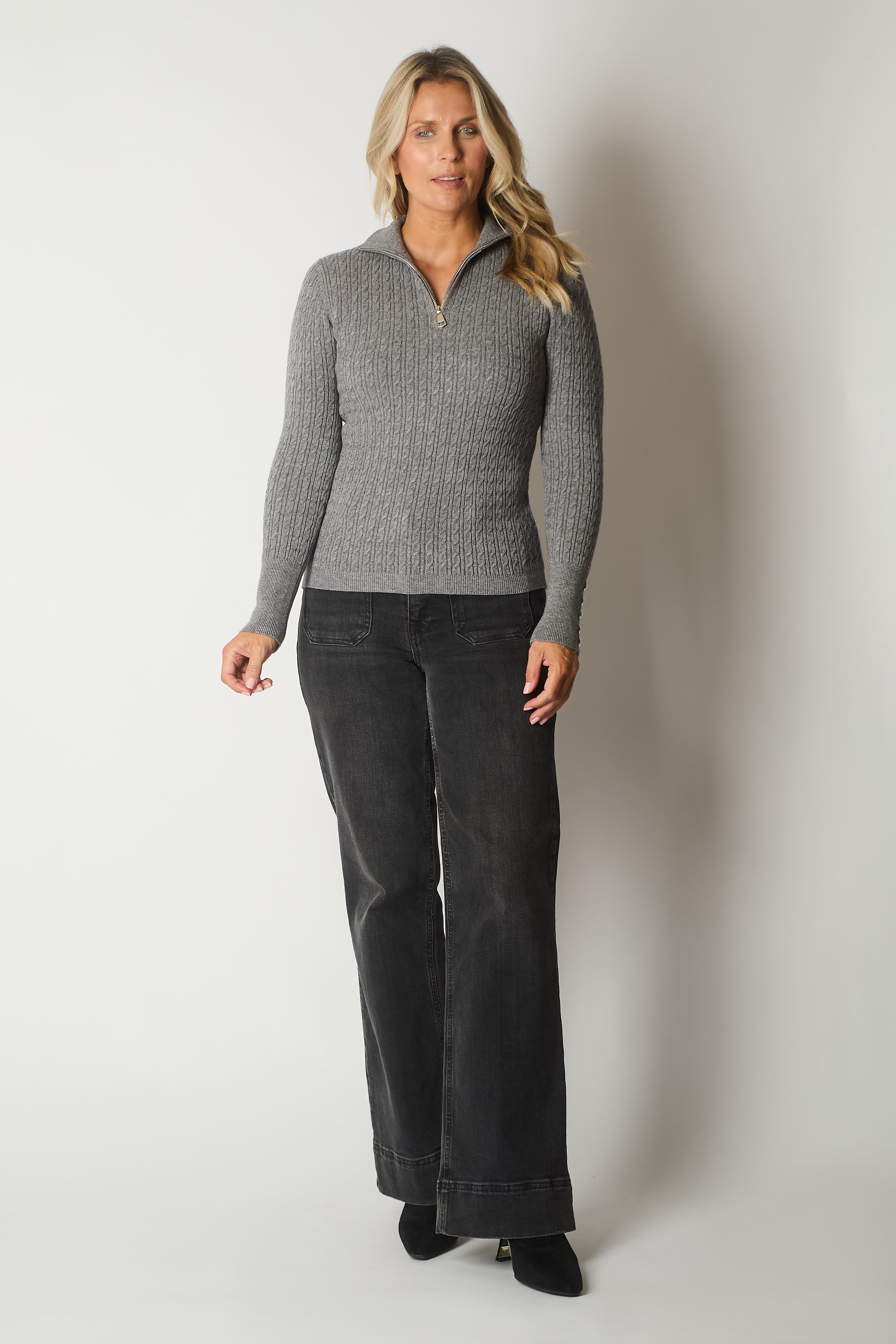 Cable Knit Quarter-Zip Sweater with Button Cuff Detail - Charcoal