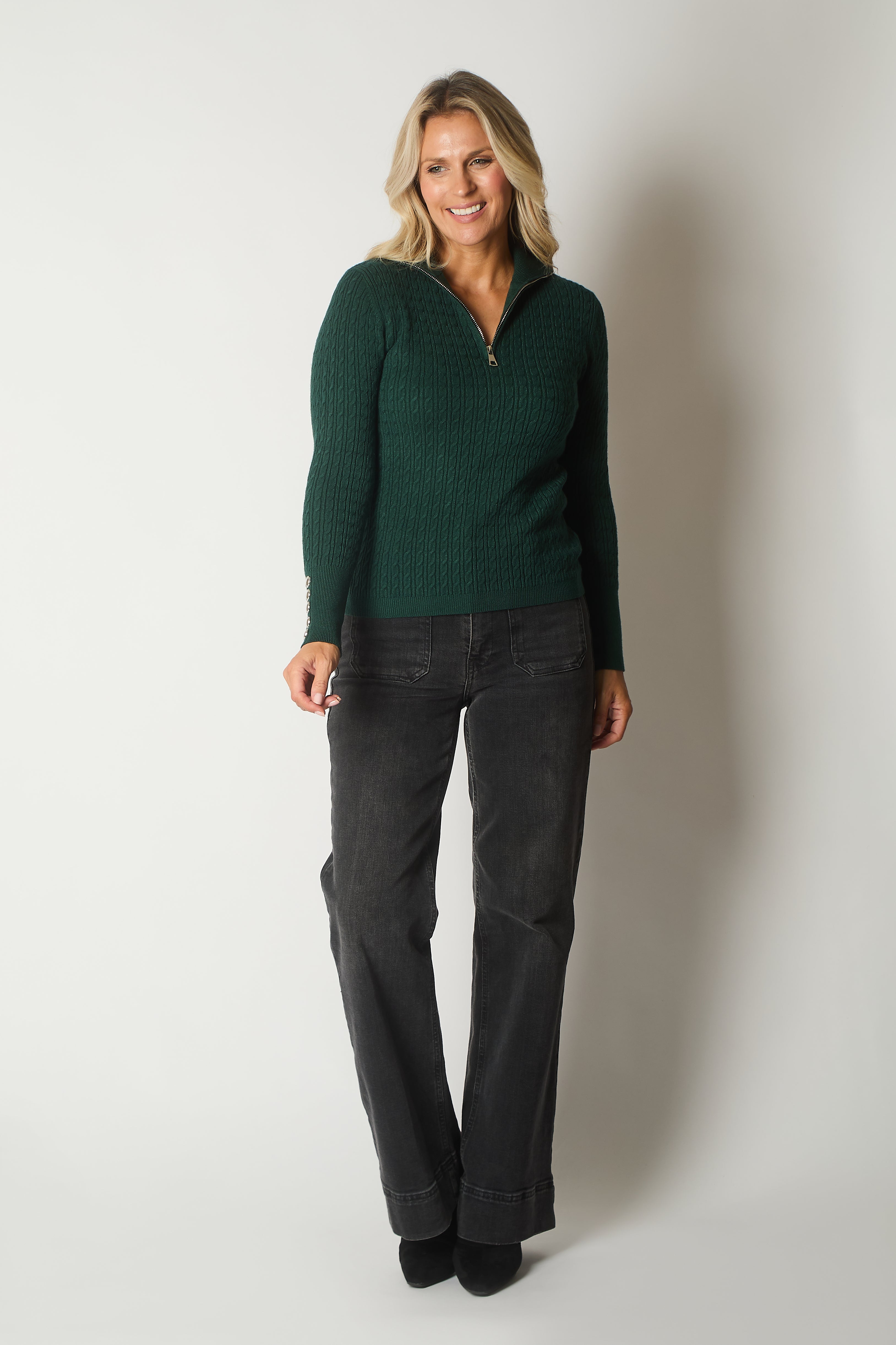 Cable Knit Quarter-Zip Sweater with Button Cuff Detail - Green