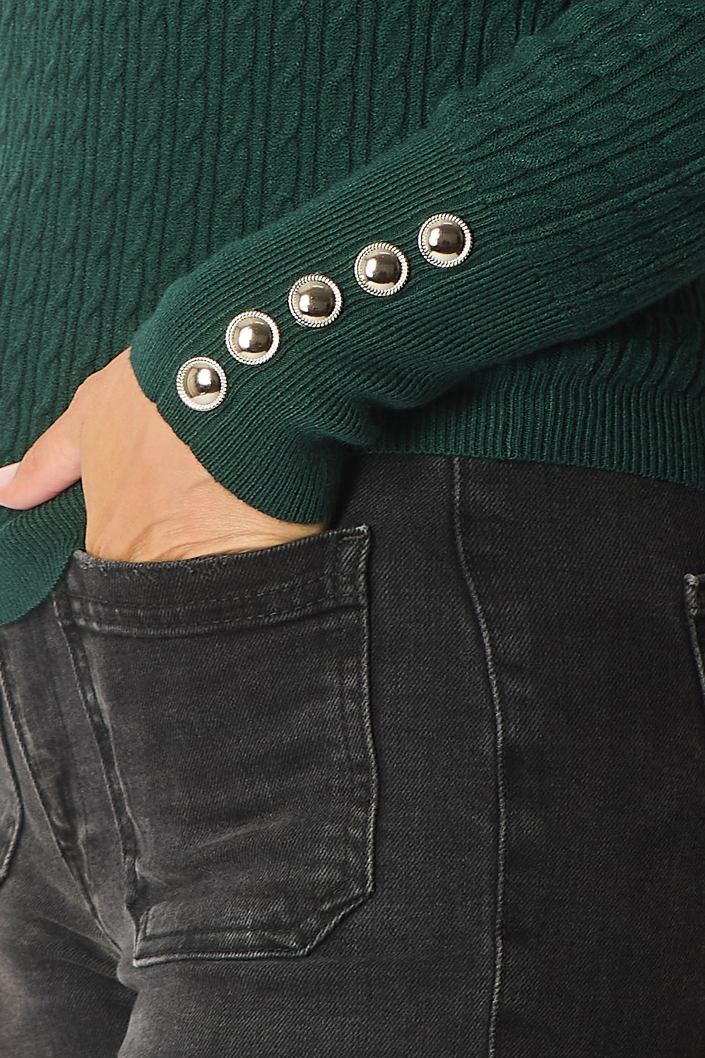 Cable Knit Quarter-Zip Sweater with Button Cuff Detail - Green