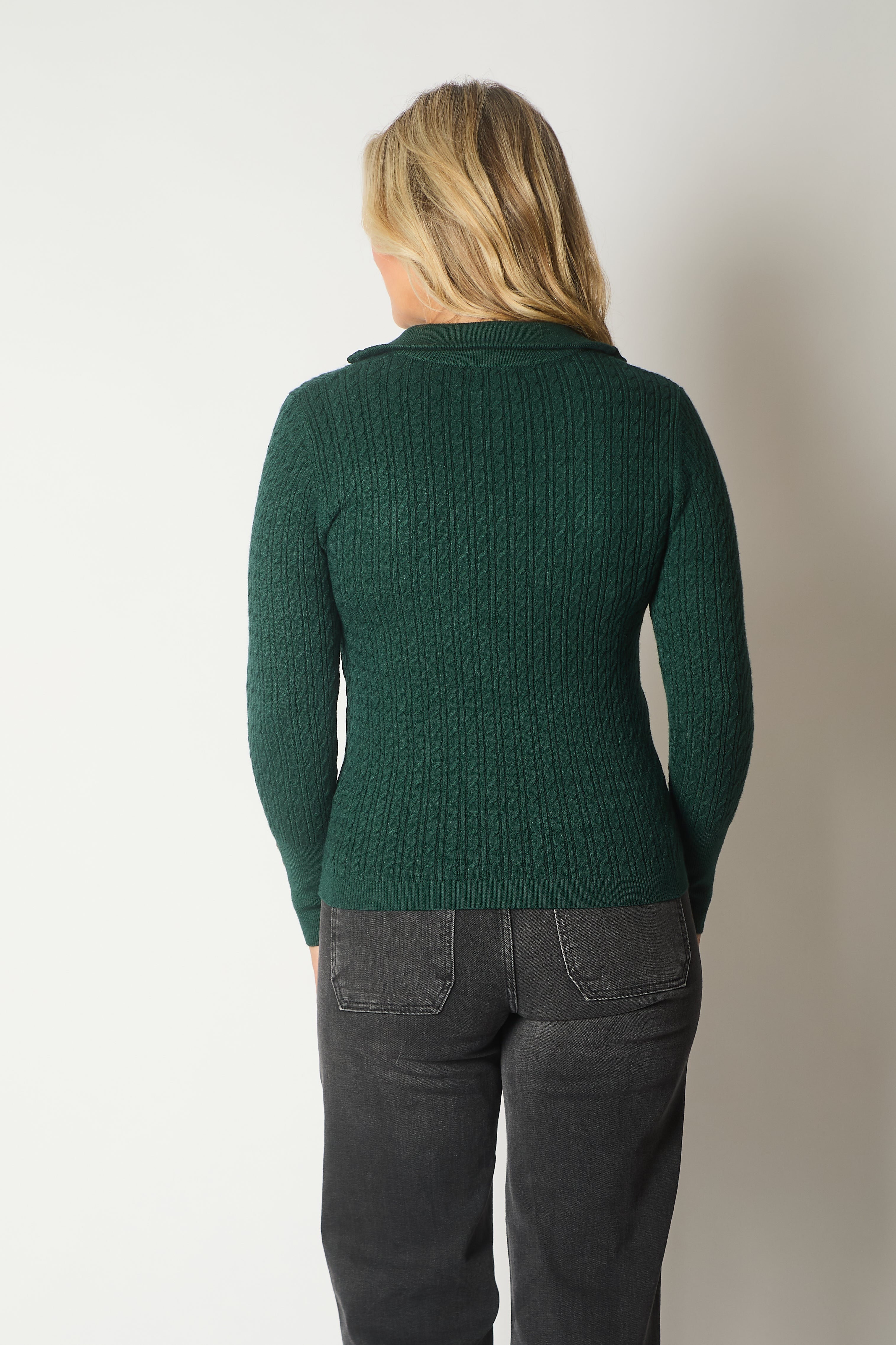 Cable Knit Quarter-Zip Sweater with Button Cuff Detail - Green