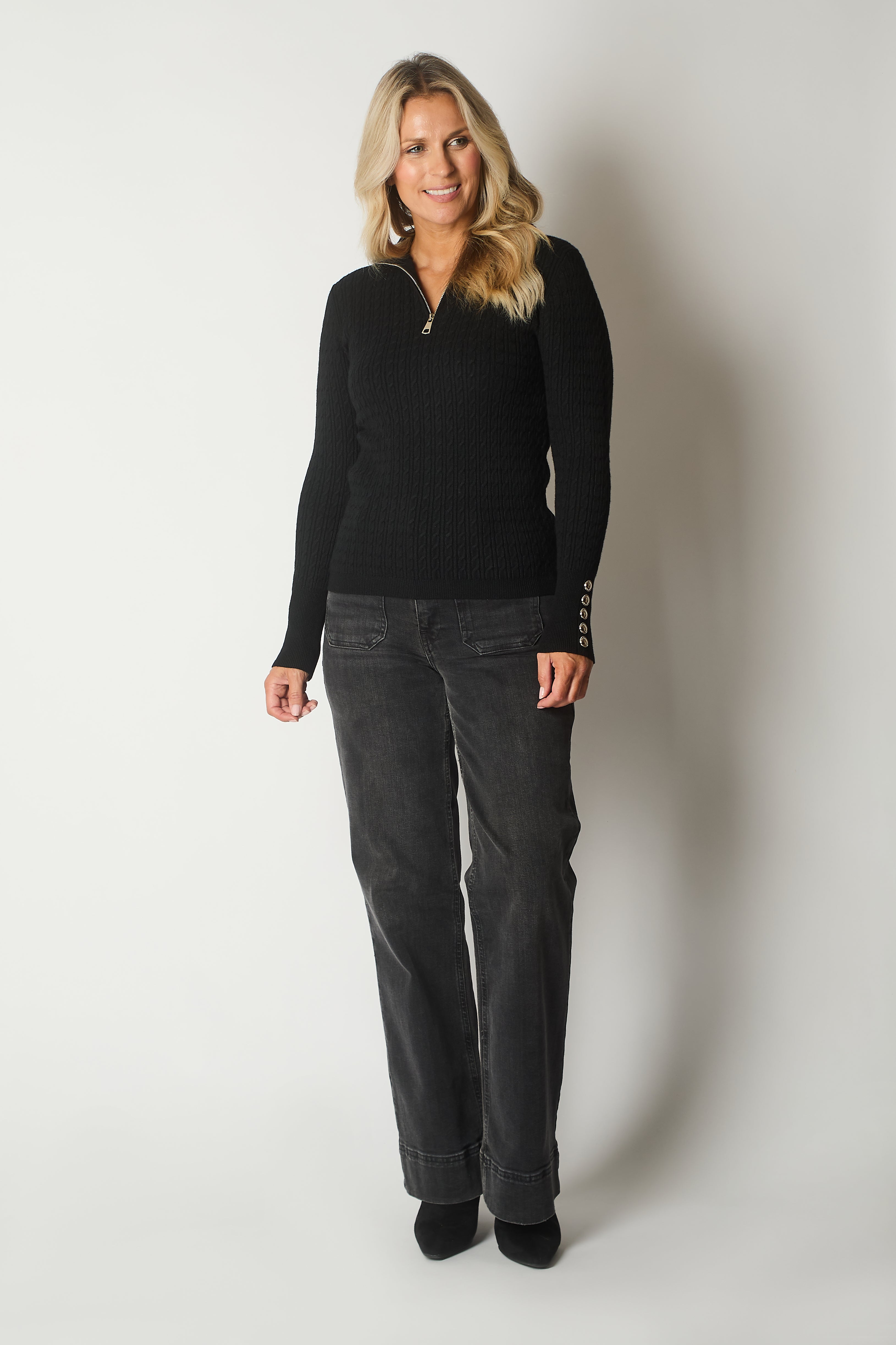 Cable Knit Quarter-Zip Sweater with Button Cuff Detail - Black