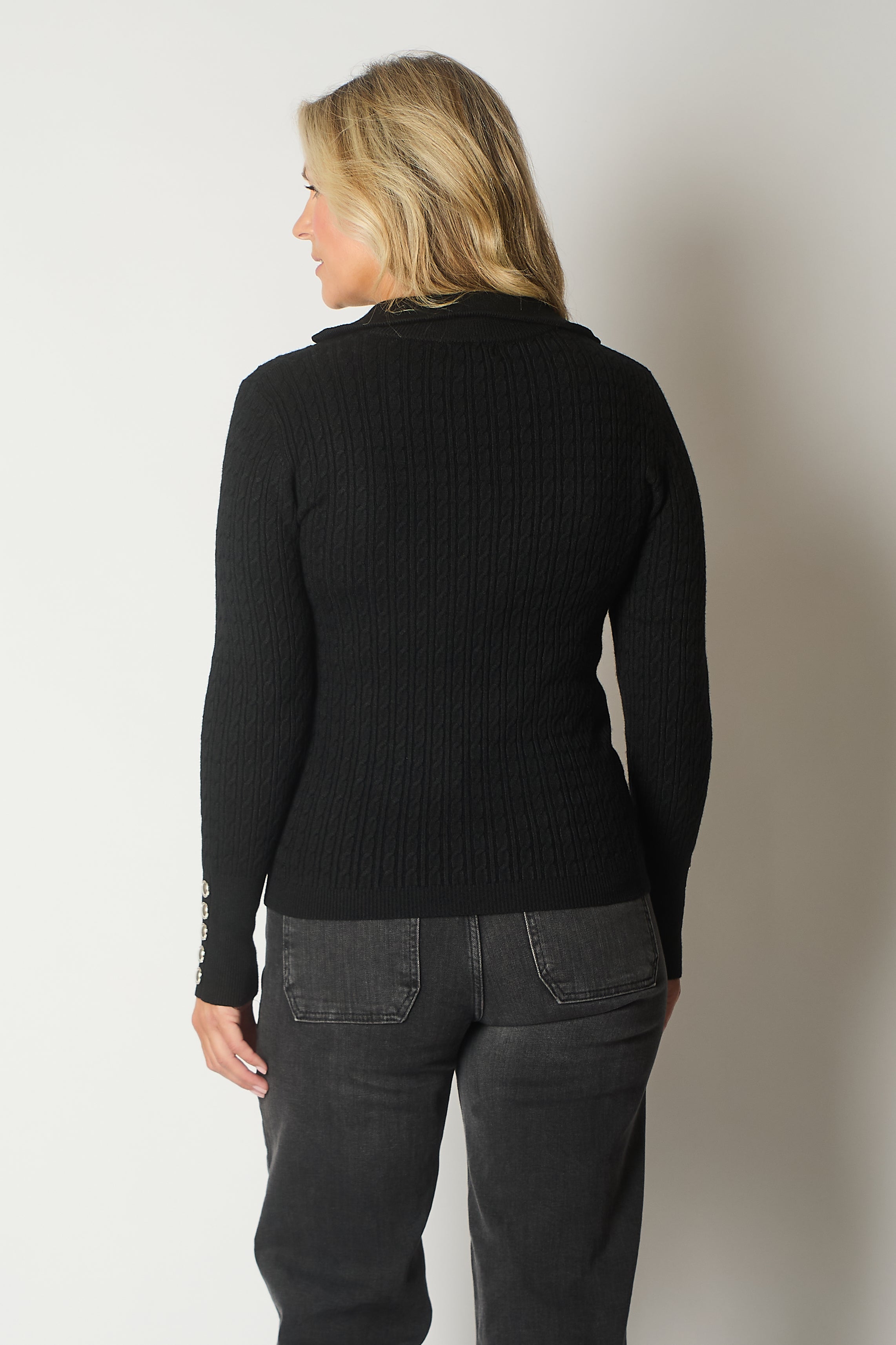 Cable Knit Quarter-Zip Sweater with Button Cuff Detail - Black