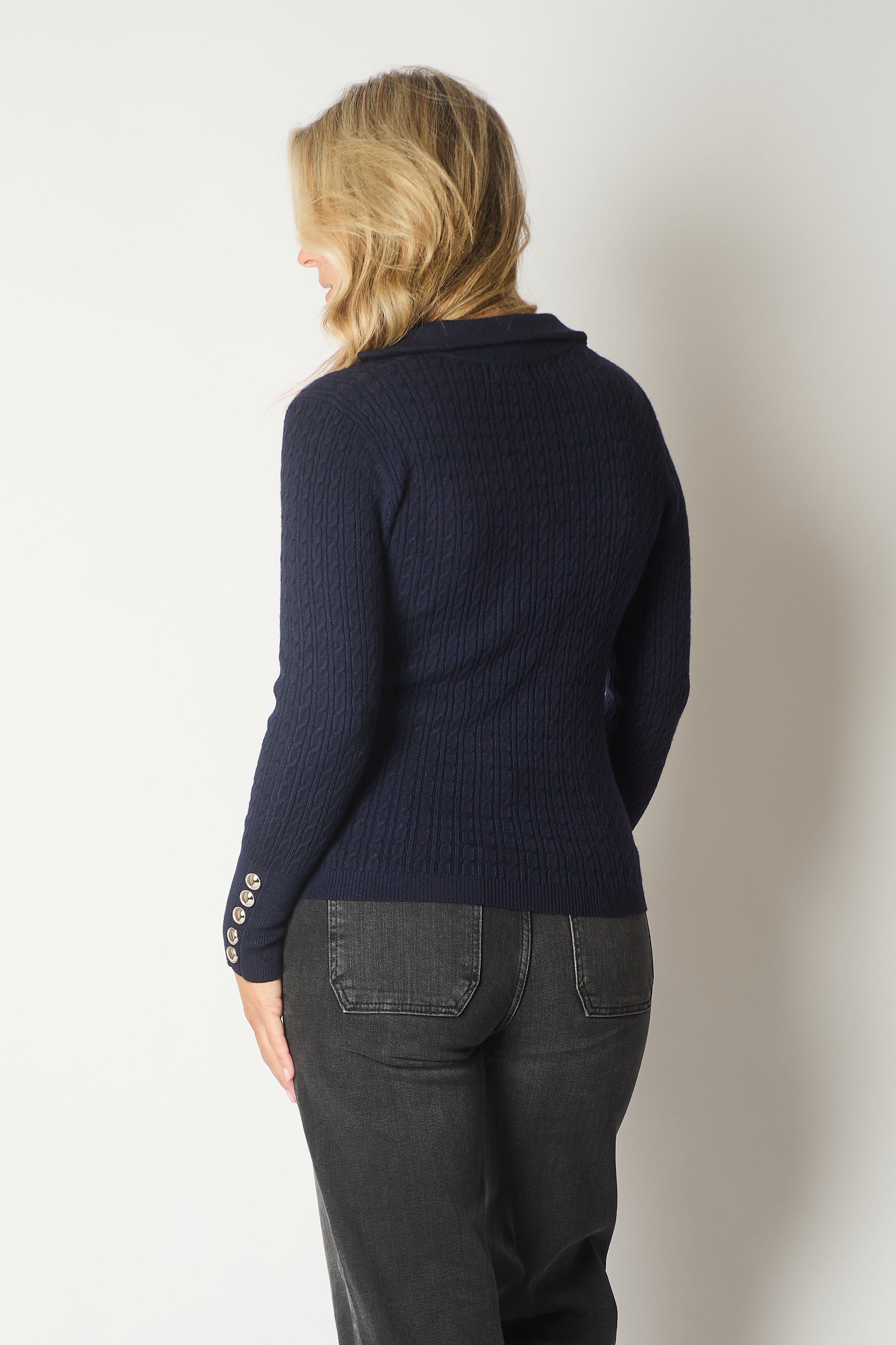Cable Knit Quarter-Zip Sweater with Button Cuff Detail - Navy