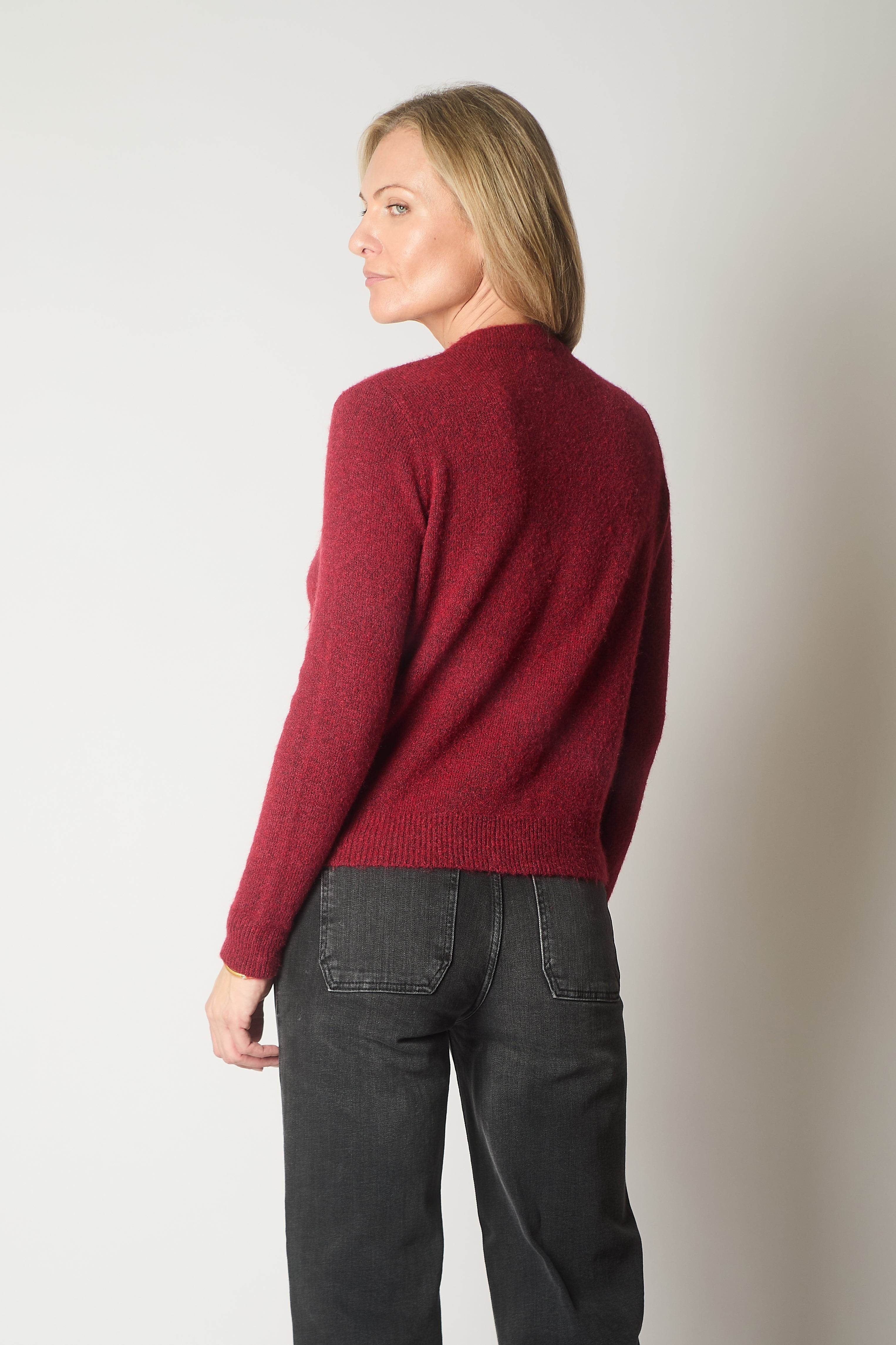 Embellished Knit Cardigan with Pearl Buttons - Wine