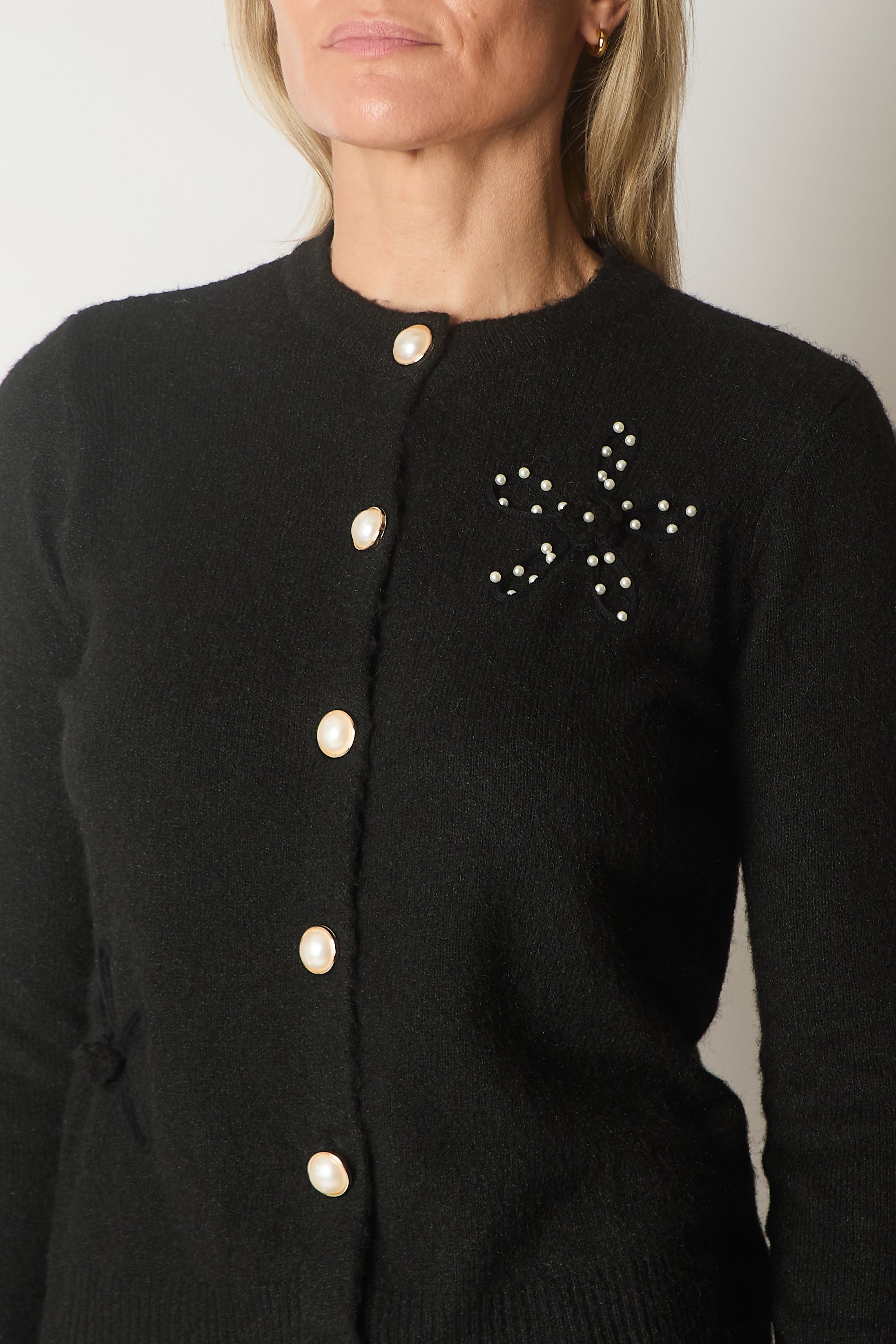 Embellished Knit Cardigan with Pearl Buttons - Black